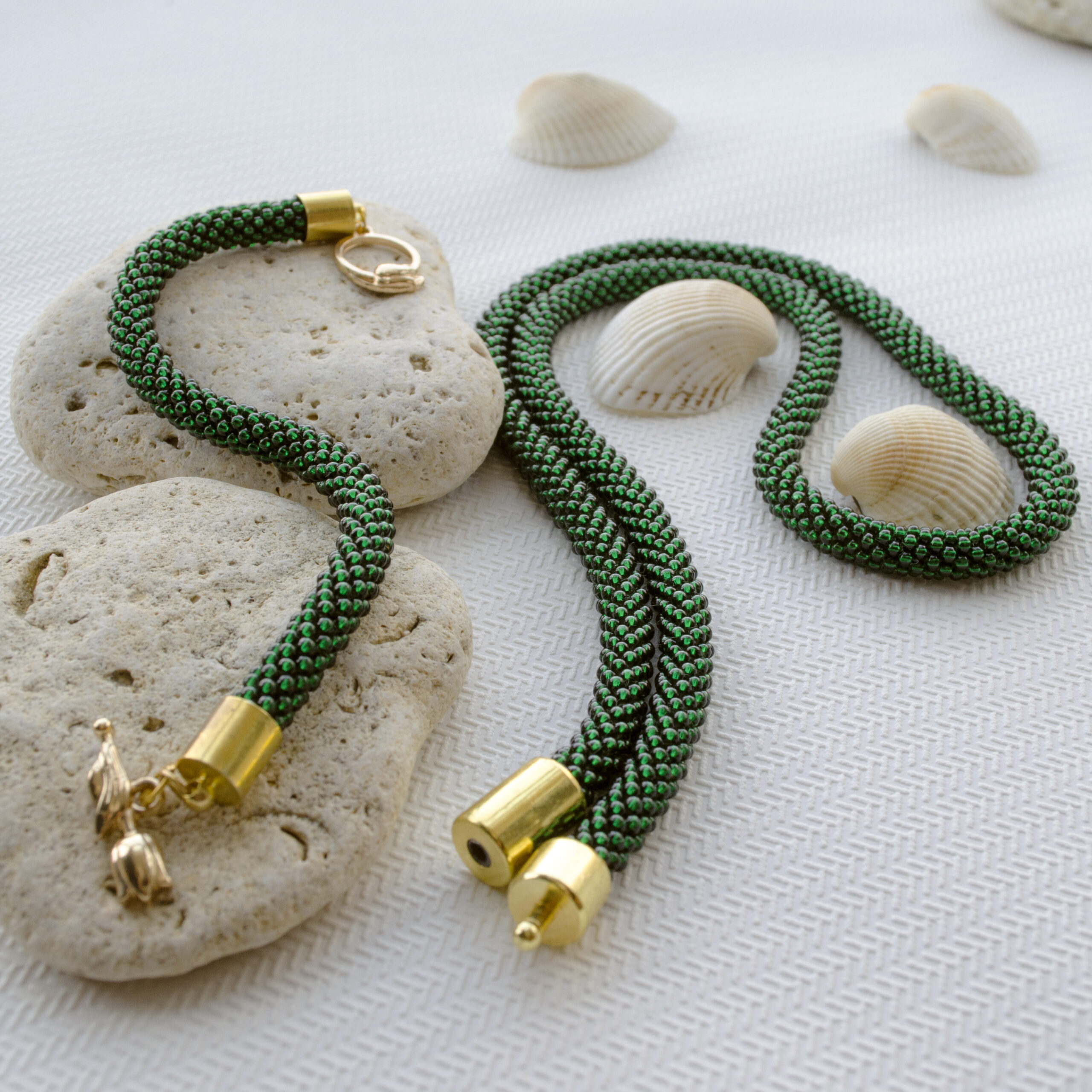 Dark Green Emerald Jewelry Set 2 in 1 Elegant Necklace Crochet Armband Seed Bead Bracelet Unique Handwoven Stylish Minimalist Gift for Woman - Image 6