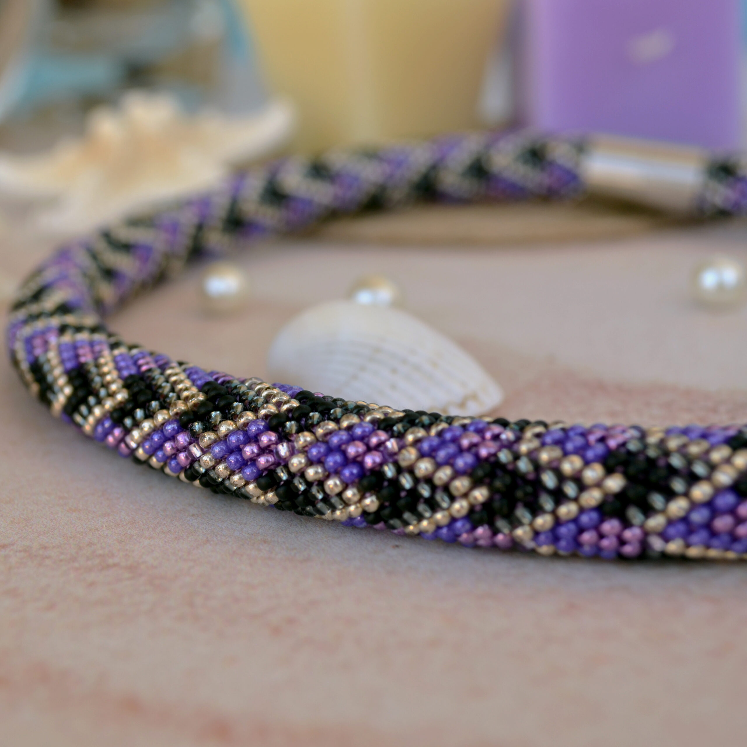 Violet Black Statement Necklace Crochet Rope Bold Geometric Choker with Glass Seed Beads Magnetic Clasp Boho Style Handcrafted Eco Jewelry - Image 5