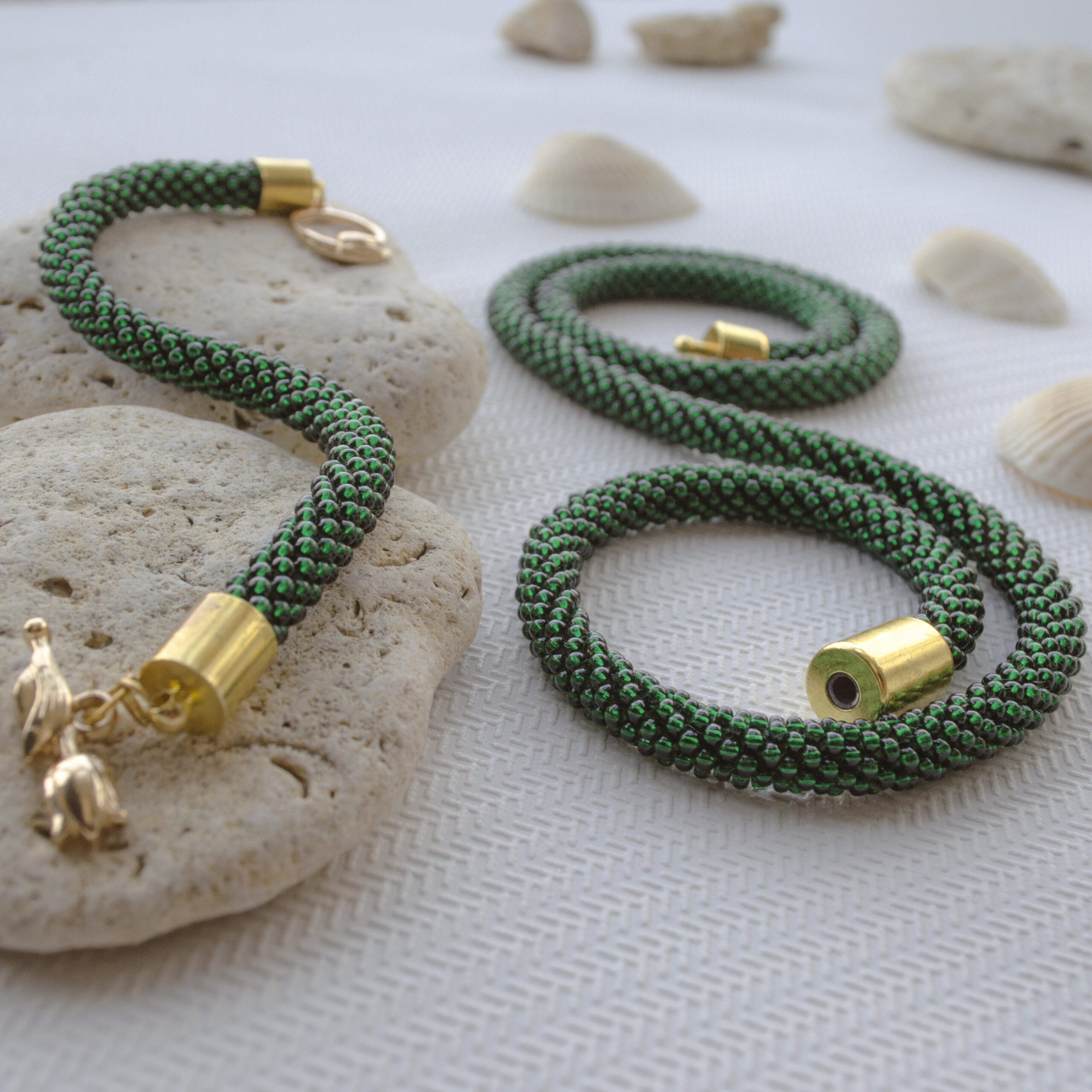 Dark Green Emerald Jewelry Set 2 in 1 Elegant Necklace Crochet Armband Seed Bead Bracelet Unique Handwoven Stylish Minimalist Gift for Woman - Image 5
