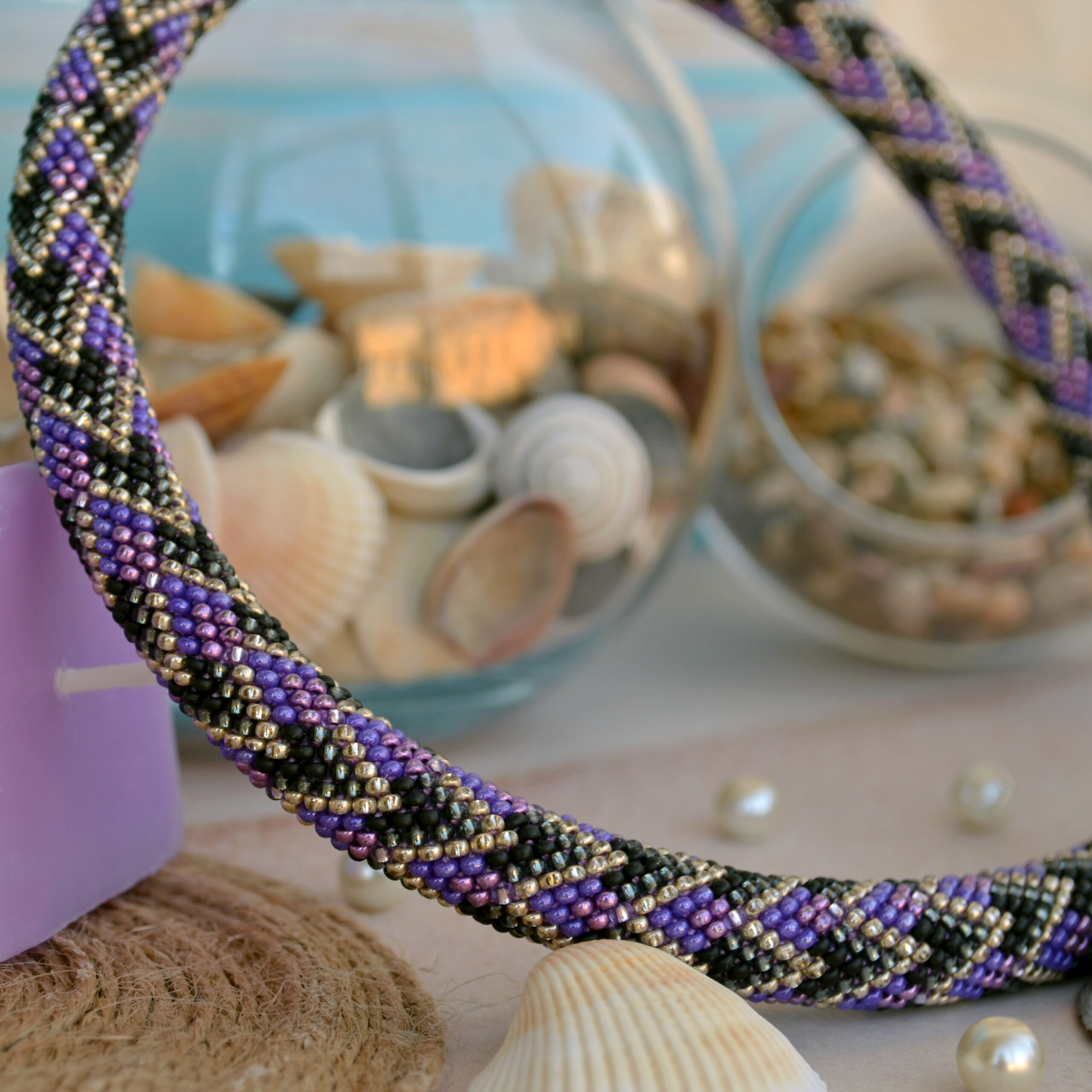 Violet Black Statement Necklace Crochet Rope Bold Geometric Choker with Glass Seed Beads Magnetic Clasp Boho Style Handcrafted Eco Jewelry - Image 4