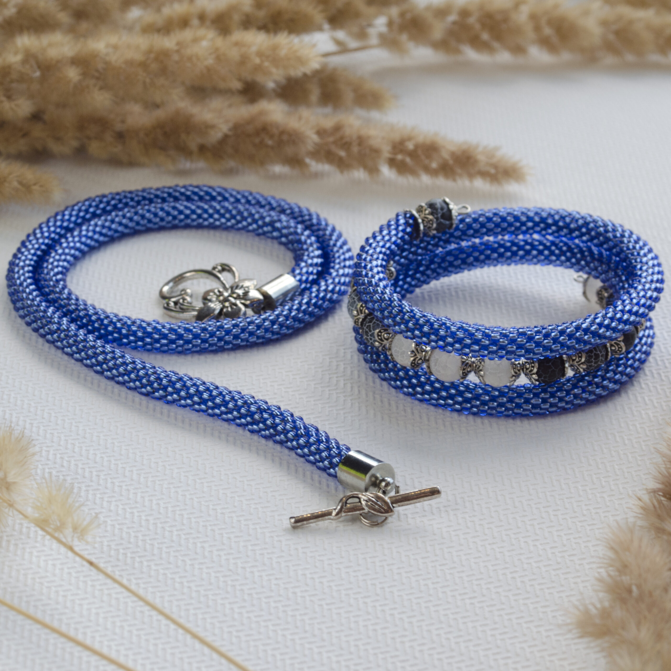 Denim Blue Jewelry Set 2 in 1 Memory Wire Bracelet Crochet Necklace Rope Cobalt Blue Bangle Agate Beads 3 Wrap Bracelet Fancy Gift for Woman - Image 5