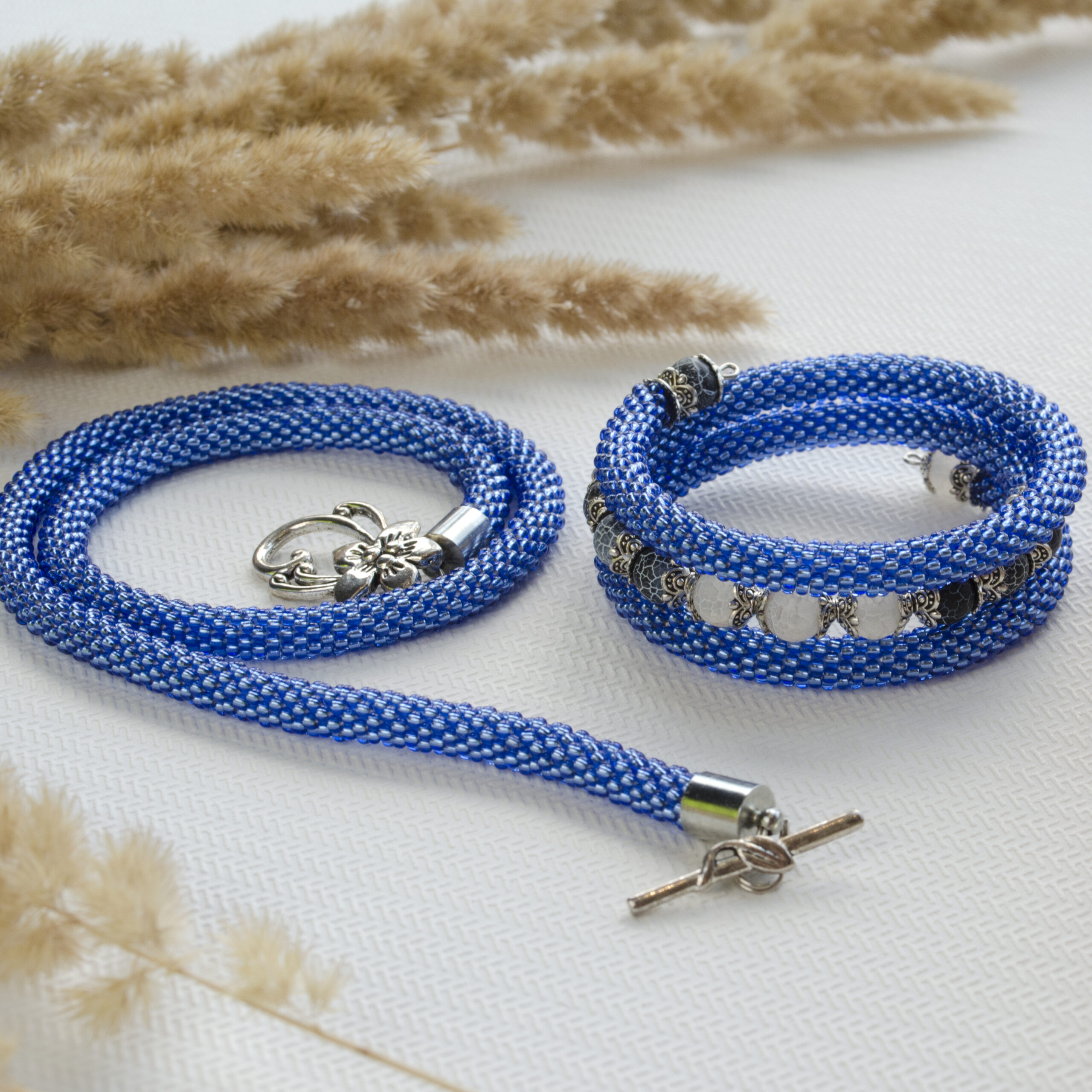 Denim Blue Jewelry Set 2 in 1 Memory Wire Bracelet Crochet Necklace Rope Cobalt Blue Bangle Agate Beads 3 Wrap Bracelet Fancy Gift for Woman - Image 6