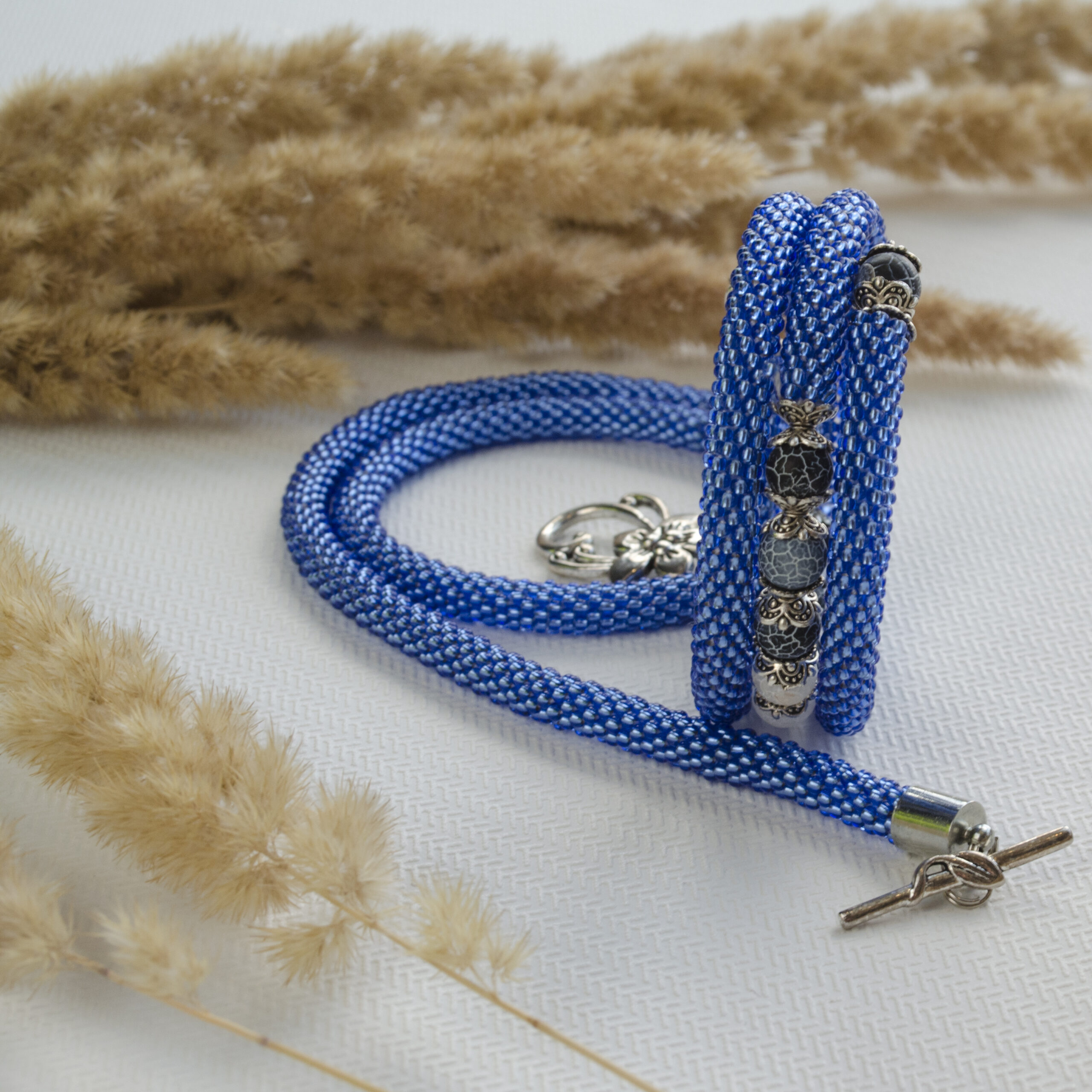 Denim Blue Jewelry Set 2 in 1 Memory Wire Bracelet Crochet Necklace Rope Cobalt Blue Bangle Agate Beads 3 Wrap Bracelet Fancy Gift for Woman - Image 7