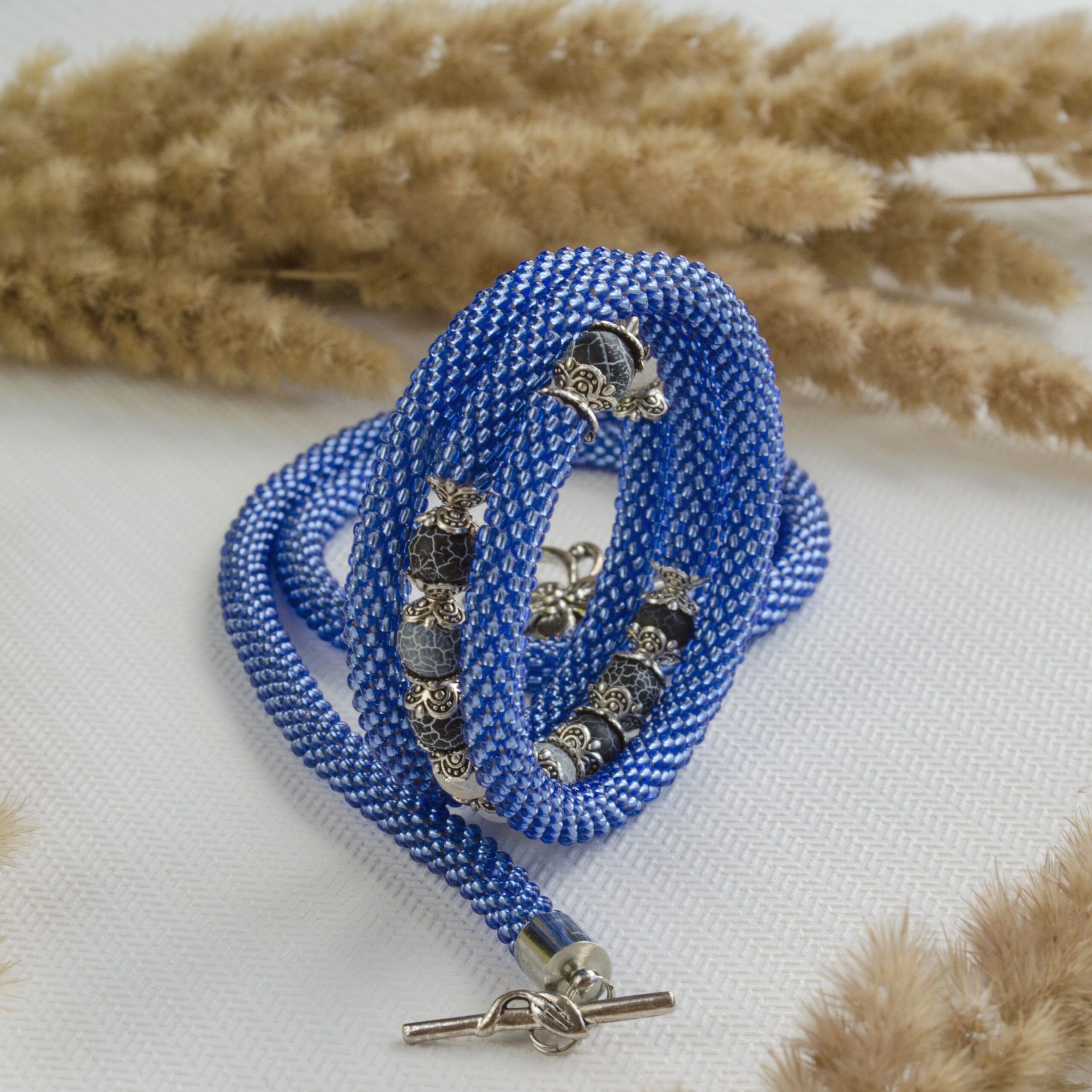 Denim Blue Jewelry Set 2 in 1 Memory Wire Bracelet Crochet Necklace Rope Cobalt Blue Bangle Agate Beads 3 Wrap Bracelet Fancy Gift for Woman - Image 8