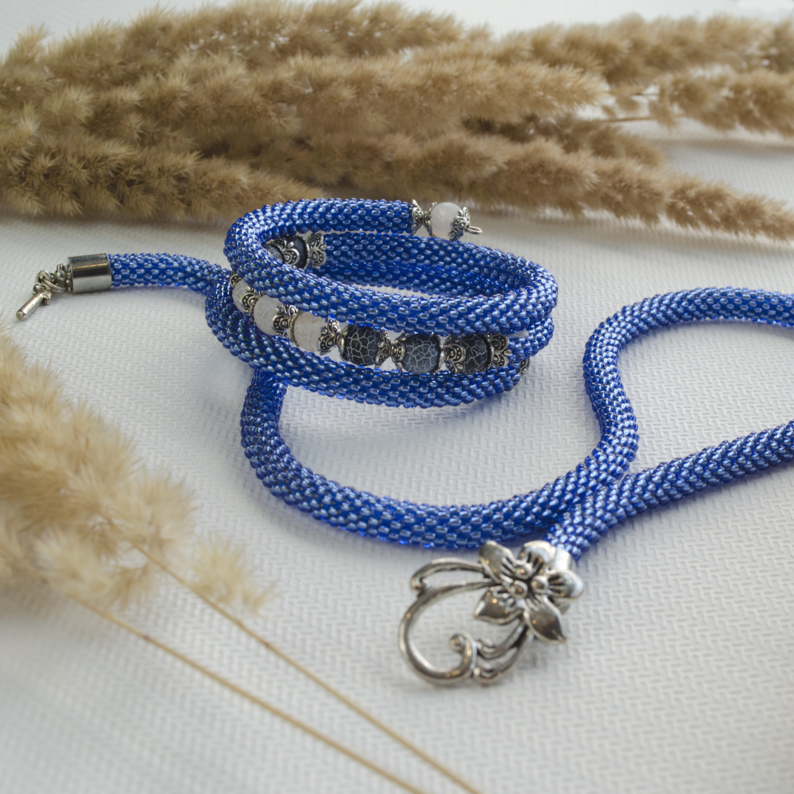 Denim Blue Jewelry Set 2 in 1 Memory Wire Bracelet Crochet Necklace Rope Cobalt Blue Bangle Agate Beads 3 Wrap Bracelet Fancy Gift for Woman - Image 9