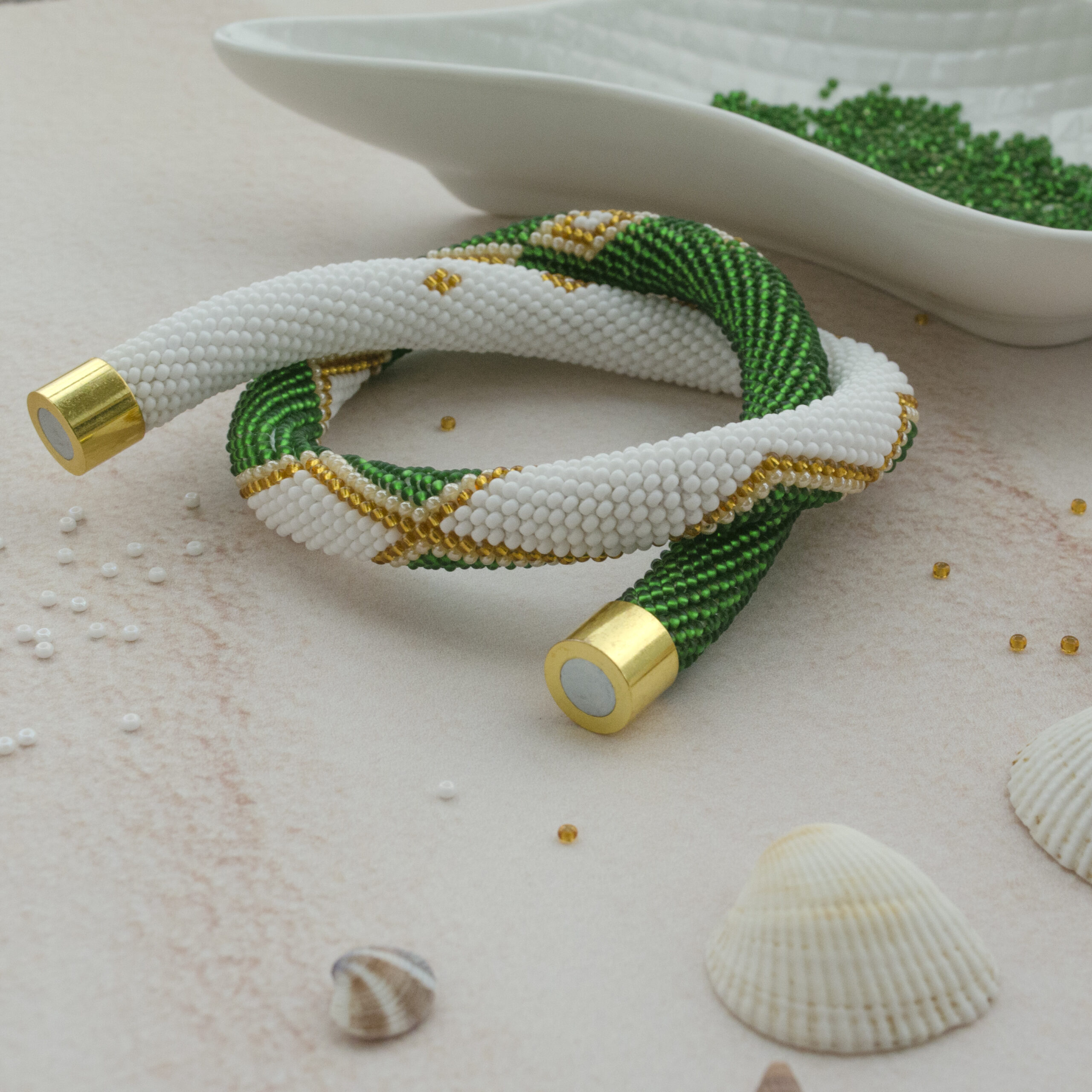 White Green Golden Statement Necklace Crochet Rope Casual Geometric Choker with Glass Seed Beads Magnetic Clasp Boho Beadwork Gift for Her - Image 14