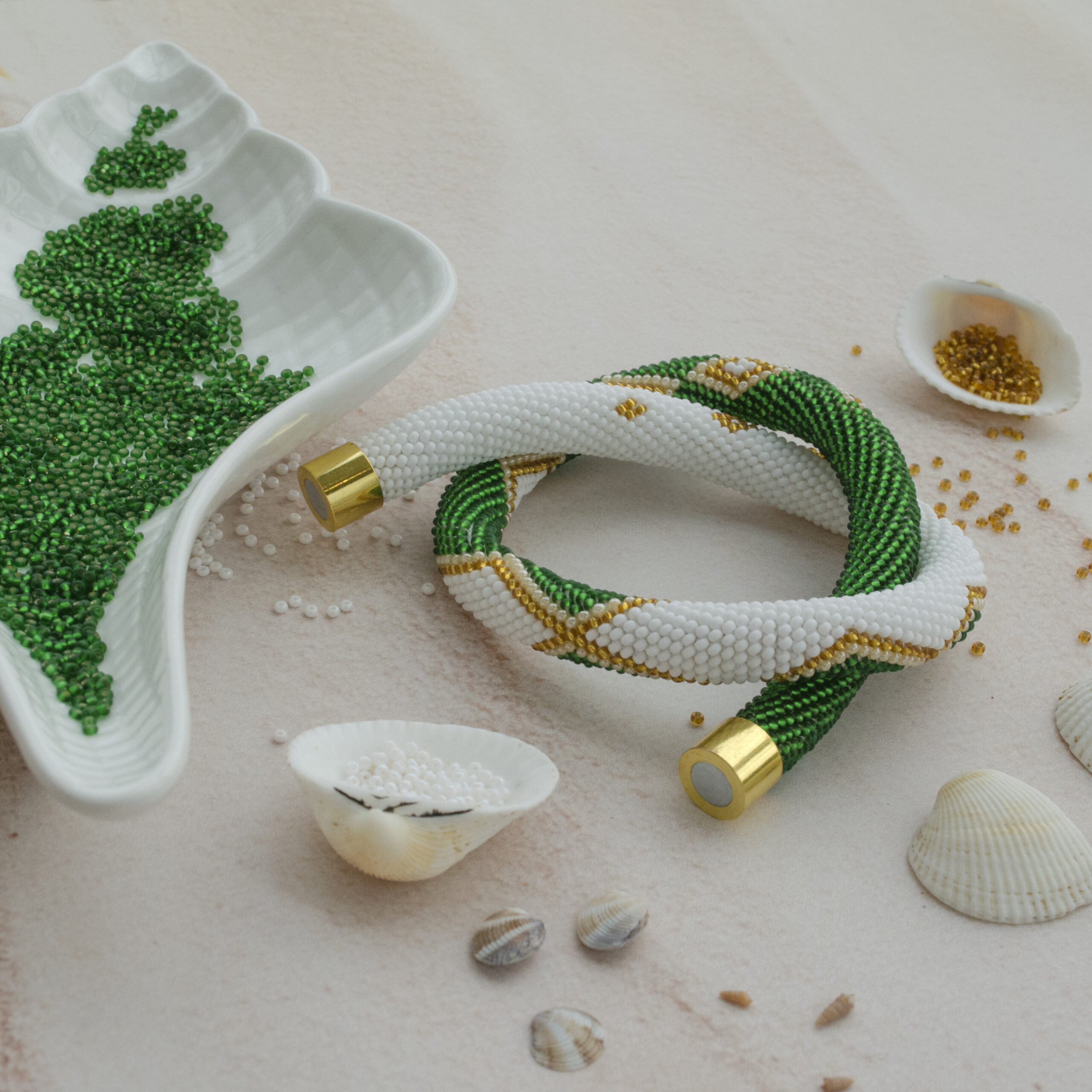 White Green Golden Statement Necklace Crochet Rope Casual Geometric Choker with Glass Seed Beads Magnetic Clasp Boho Beadwork Gift for Her - Image 15