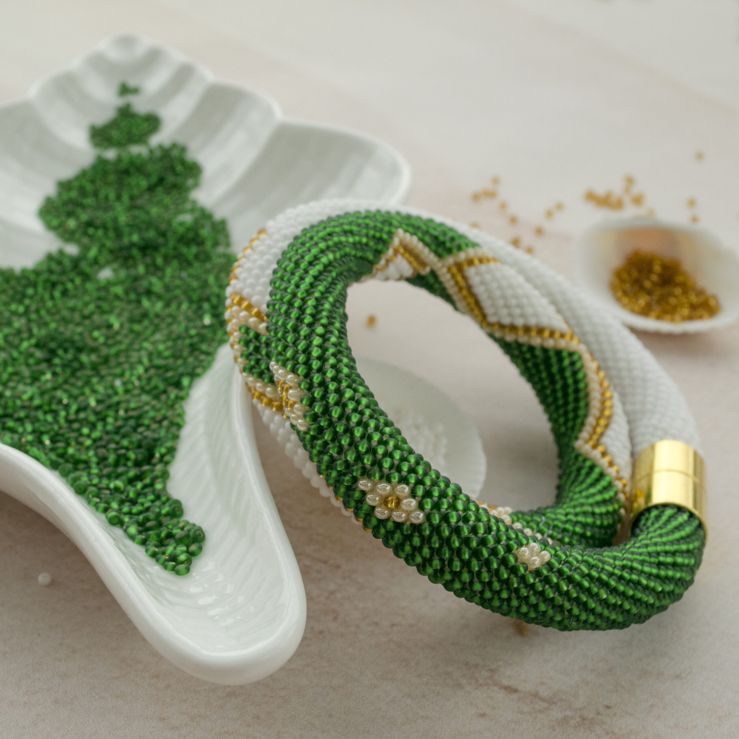 White Green Golden Statement Necklace Crochet Rope Casual Geometric Choker with Glass Seed Beads Magnetic Clasp Boho Beadwork Gift for Her - Image 8