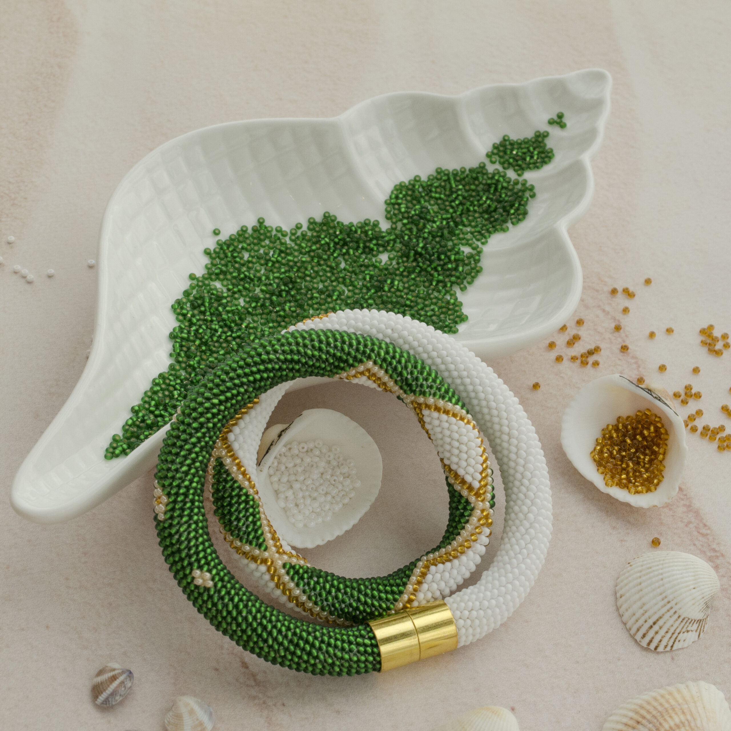 White Green Golden Statement Necklace Crochet Rope Casual Geometric Choker with Glass Seed Beads Magnetic Clasp Boho Beadwork Gift for Her - Image 9