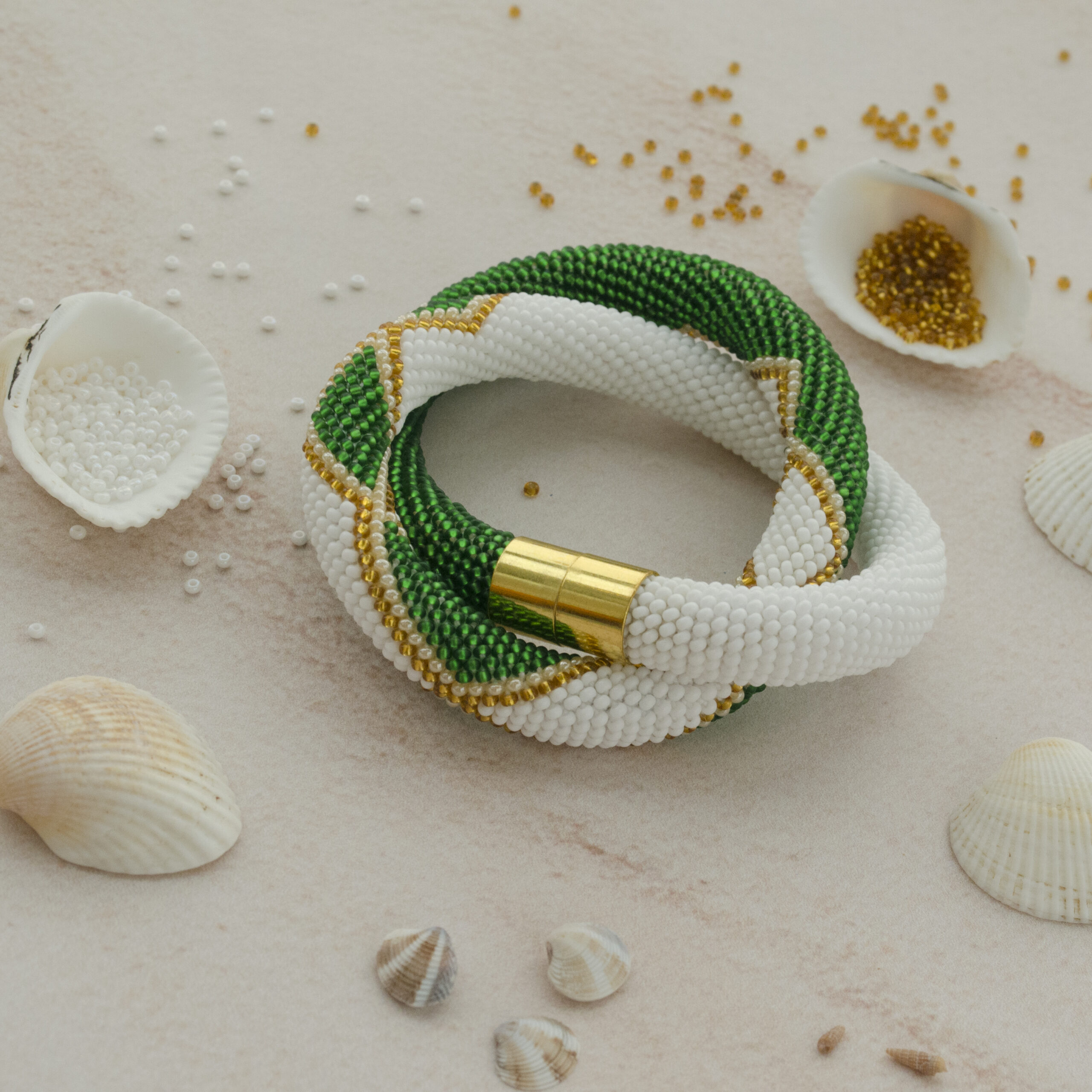 White Green Golden Statement Necklace Crochet Rope Casual Geometric Choker with Glass Seed Beads Magnetic Clasp Boho Beadwork Gift for Her - Image 10