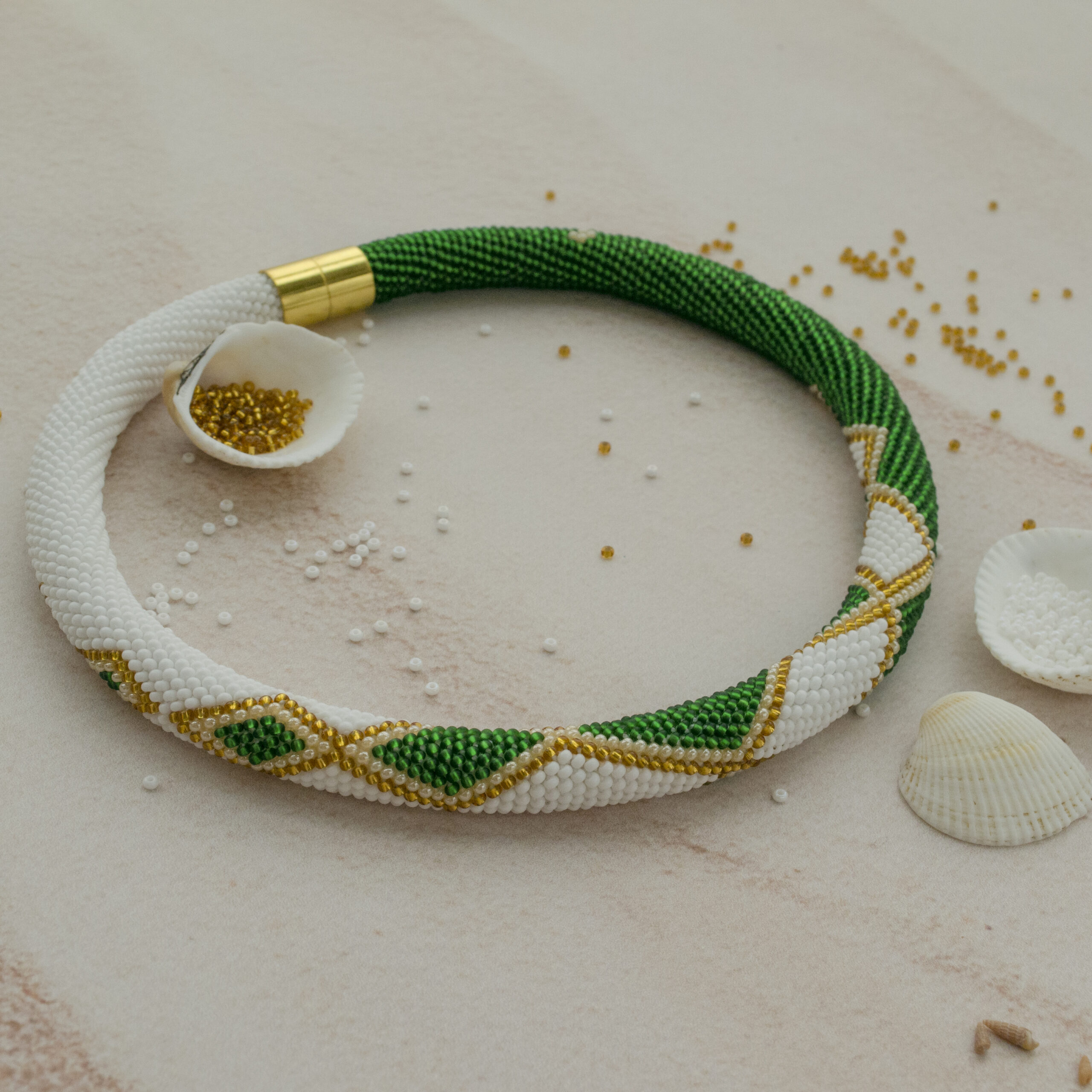 White Green Golden Statement Necklace Crochet Rope Casual Geometric Choker with Glass Seed Beads Magnetic Clasp Boho Beadwork Gift for Her - Image 11