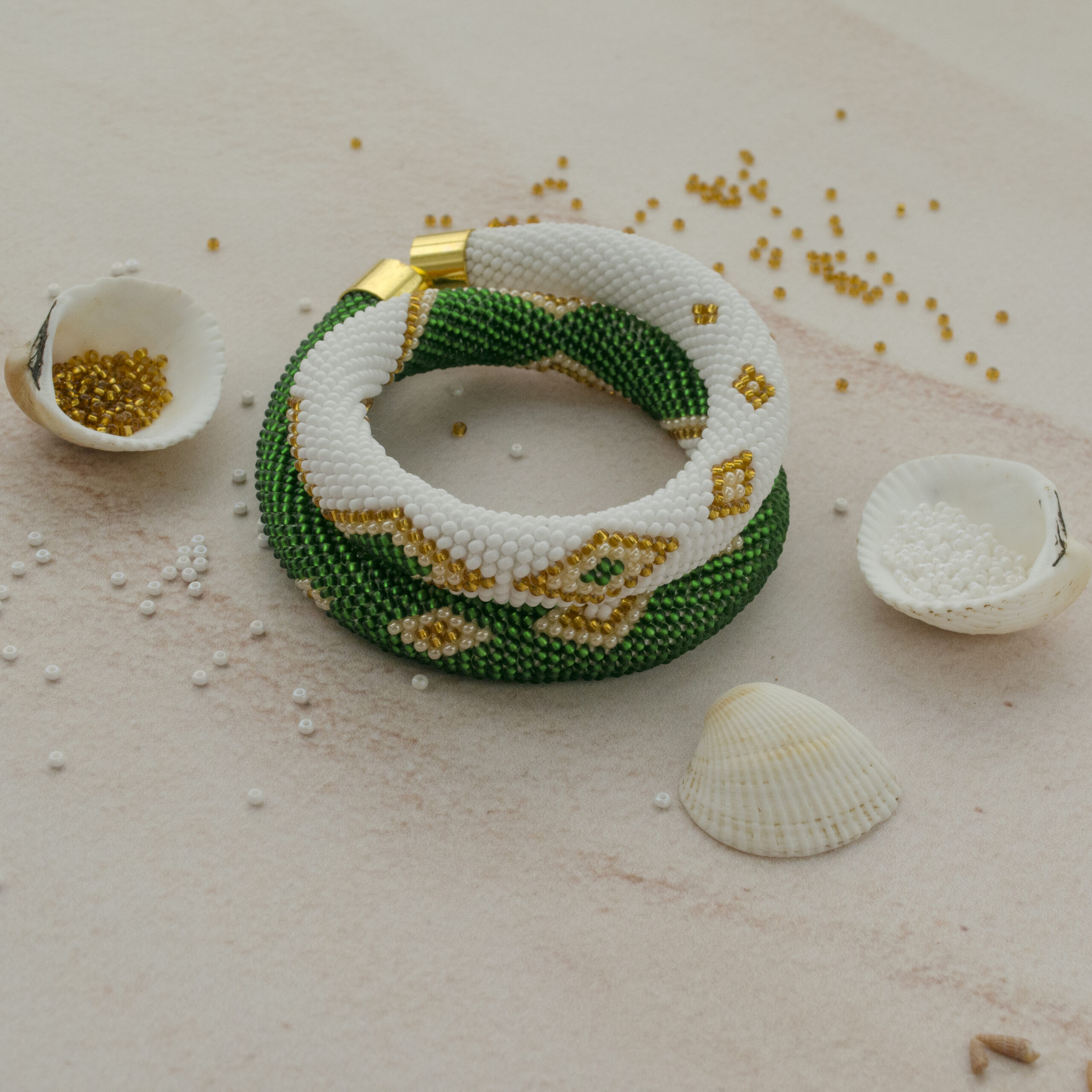 White Green Golden Statement Necklace Crochet Rope Casual Geometric Choker with Glass Seed Beads Magnetic Clasp Boho Beadwork Gift for Her - Image 12