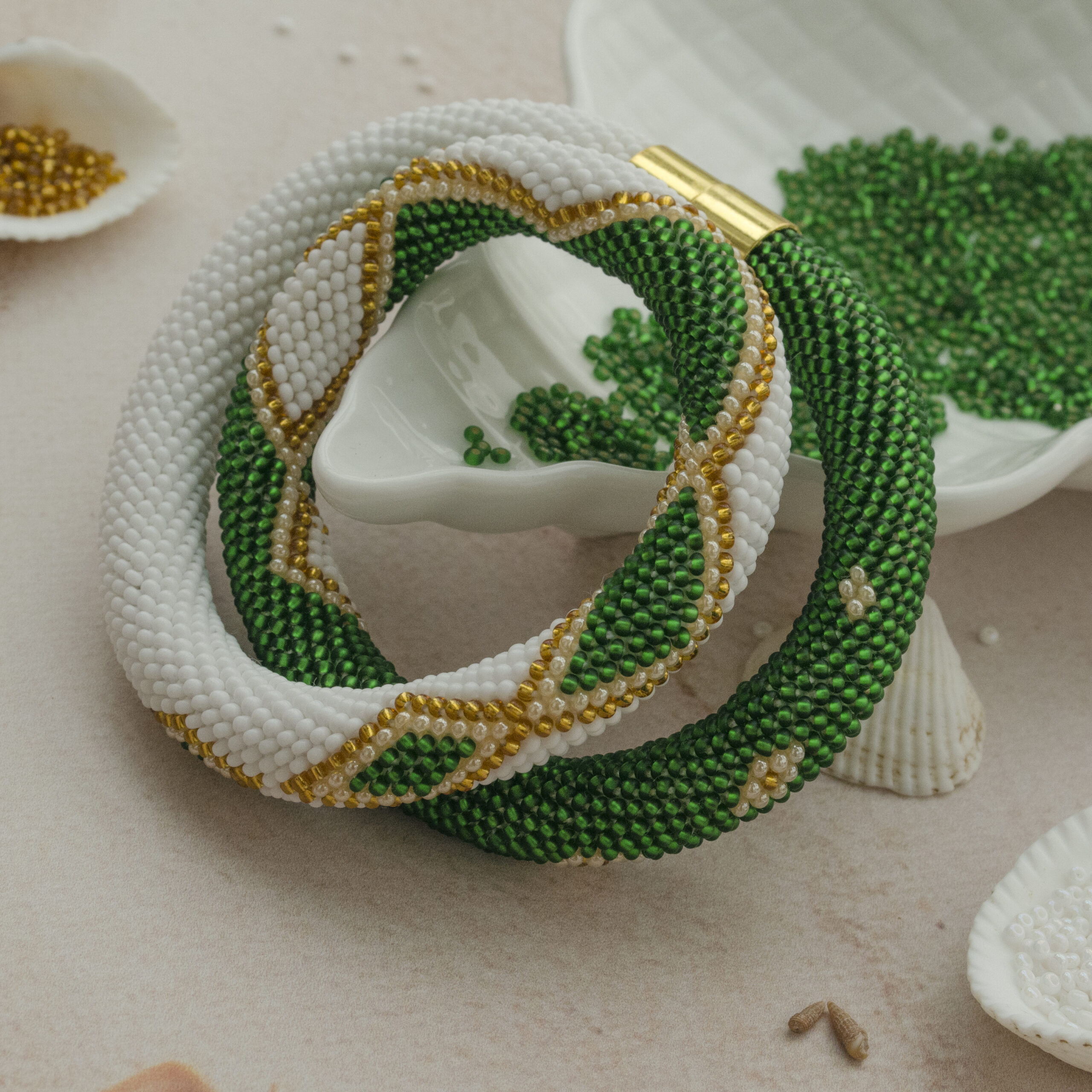 White Green Golden Statement Necklace Crochet Rope Casual Geometric Choker with Glass Seed Beads Magnetic Clasp Boho Beadwork Gift for Her - Image 13