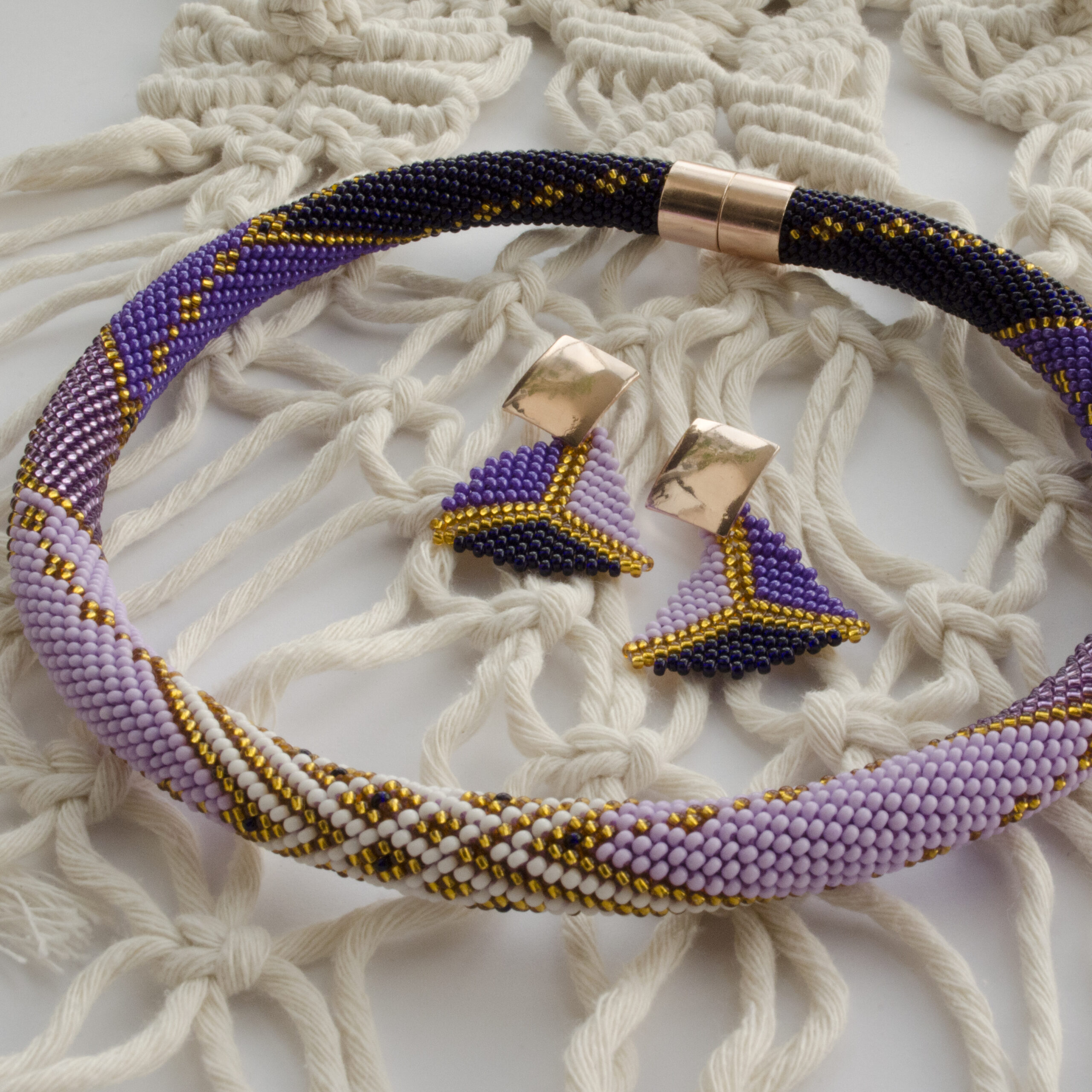 Set of 2 Violet Golden Glass Bead Necklace and Triangle Geometric Earrings Crochet Choker with Czech Seed Beads Magnetic Clasp Eco Jewelry - Image 15