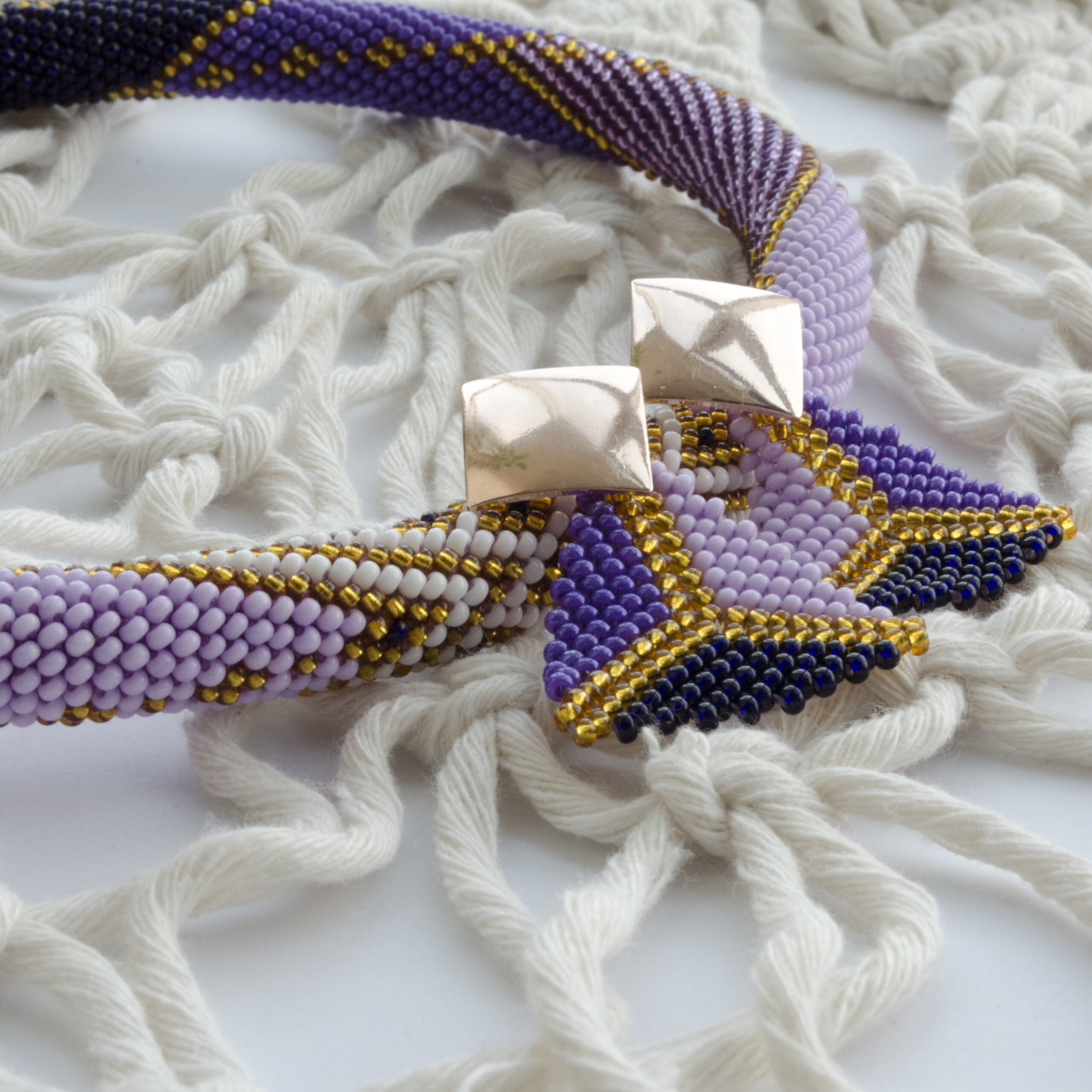 Set of 2 Violet Golden Glass Bead Necklace and Triangle Geometric Earrings Crochet Choker with Czech Seed Beads Magnetic Clasp Eco Jewelry - Image 14