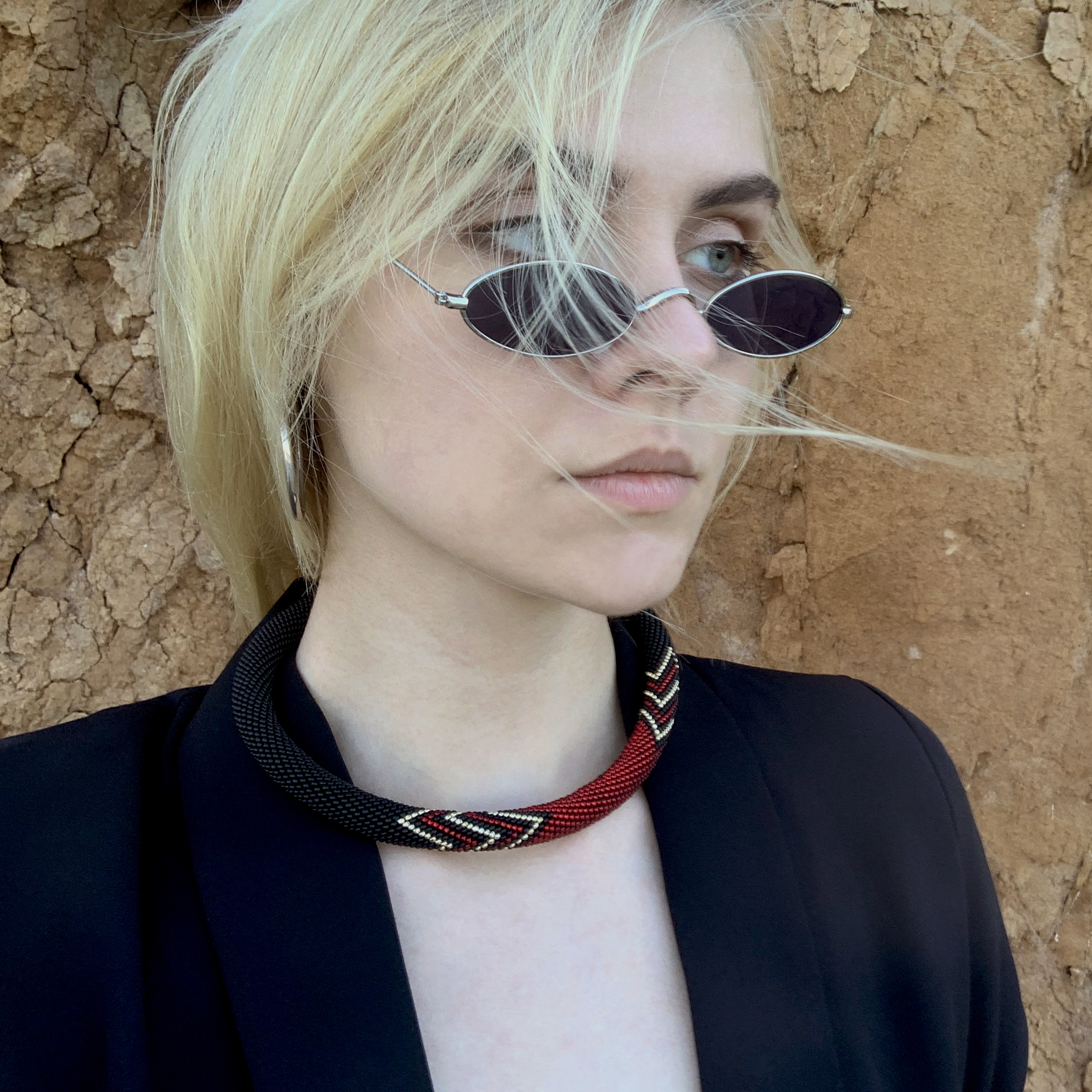 Matte Black Urban Necklace Geometric Crochet Lariat Casual Office Style Choker Crafted with Czech Seed Beads Magnetic Clasp Red Golden Beads - Image 6