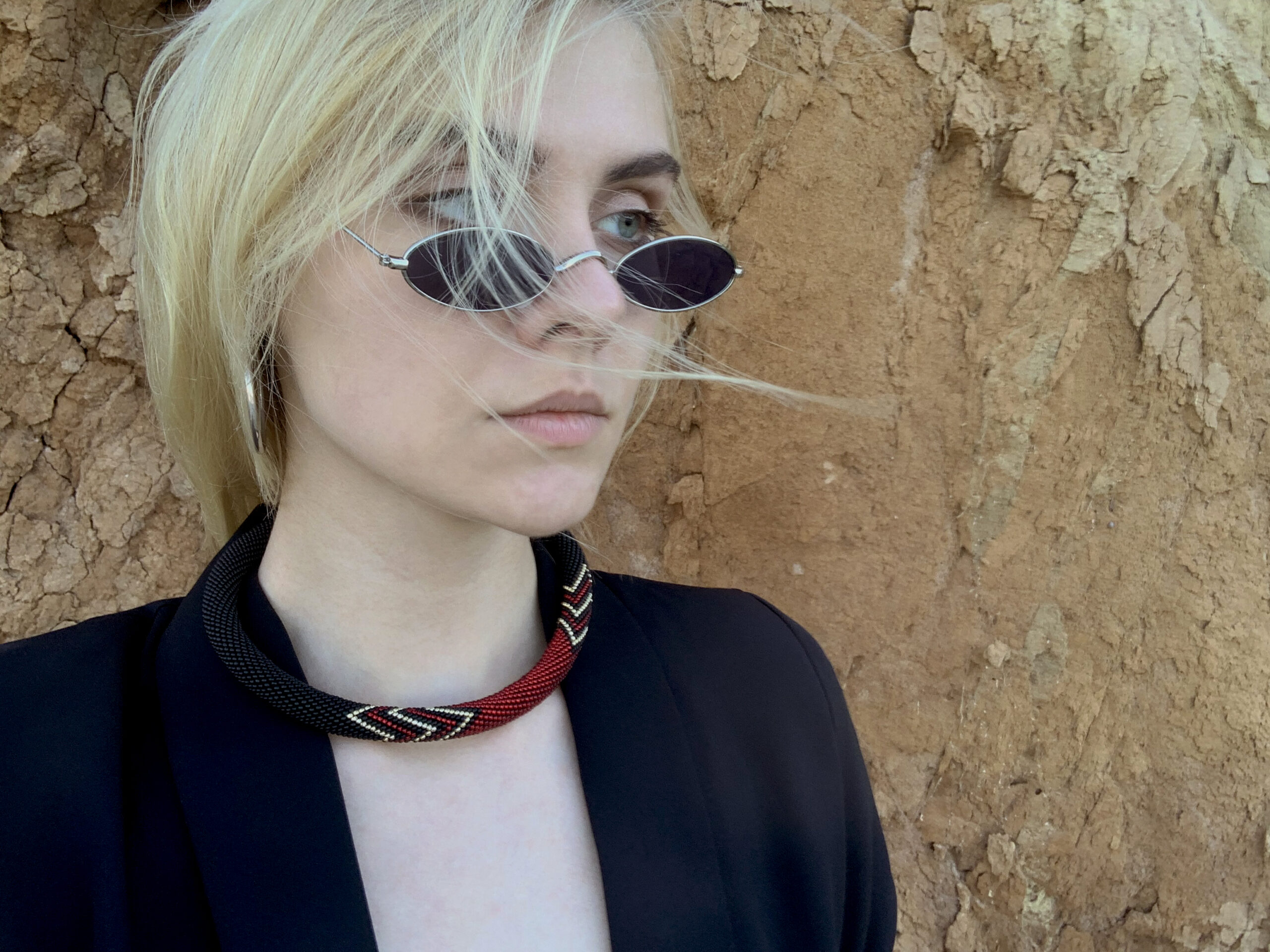 Matte Black Urban Necklace Geometric Crochet Lariat Casual Office Style Choker Crafted with Czech Seed Beads Magnetic Clasp Red Golden Beads - Image 5