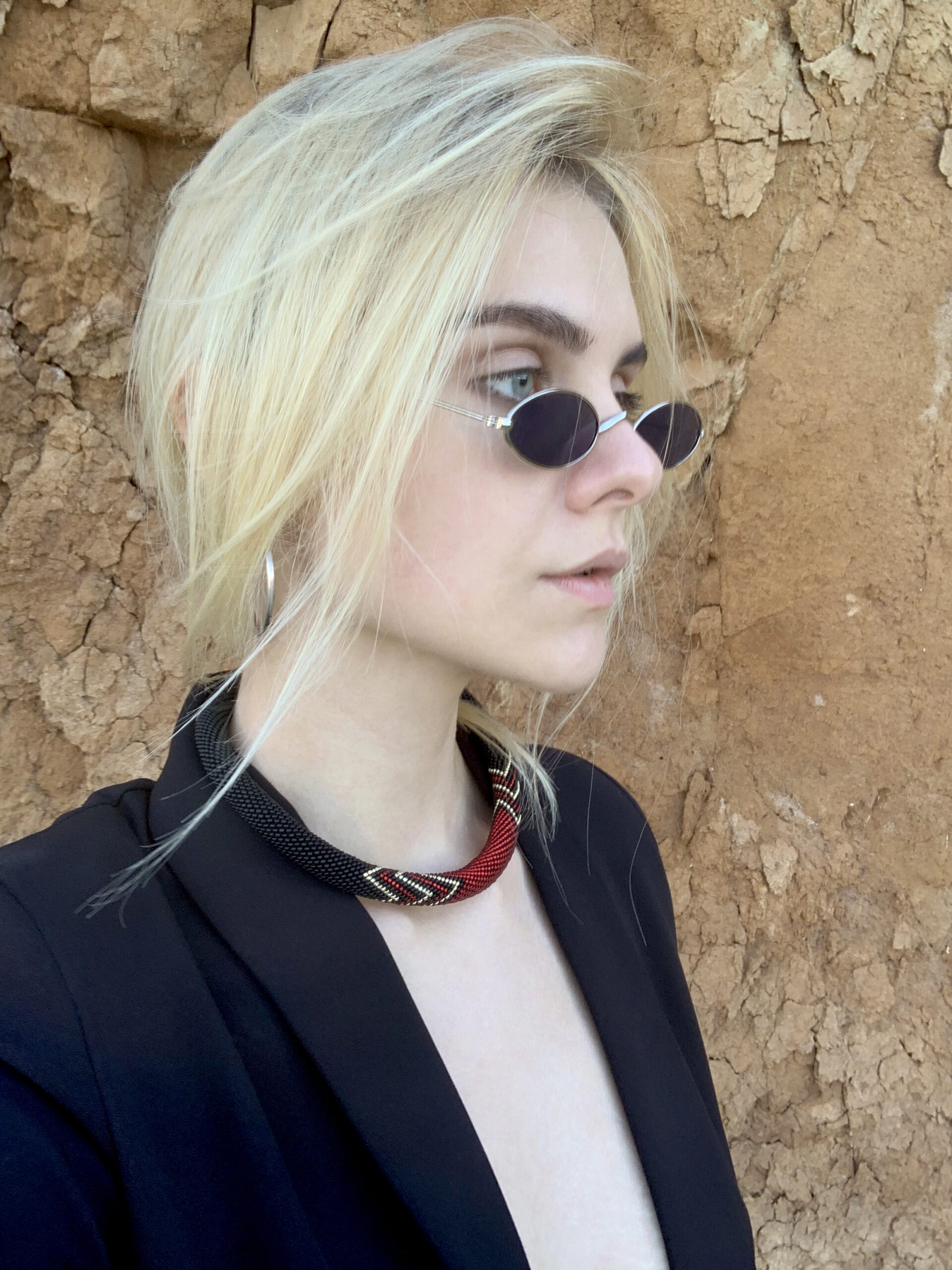 Matte Black Urban Necklace Geometric Crochet Lariat Casual Office Style Choker Crafted with Czech Seed Beads Magnetic Clasp Red Golden Beads - Image 4
