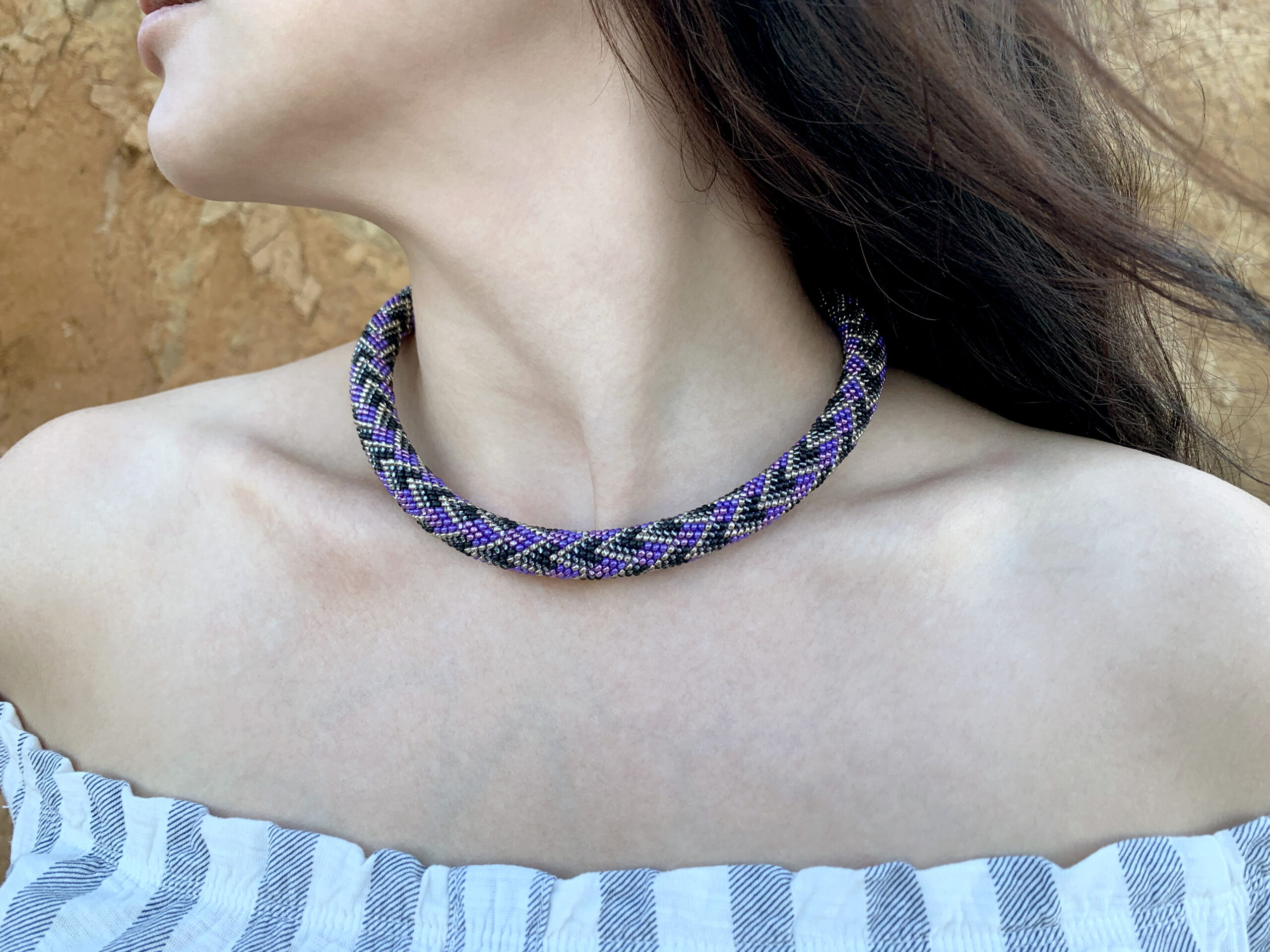 Necklace Crochet Rope Bold Geometric Choker with Glass Seed Beads Magnetic Clasp Boho Style