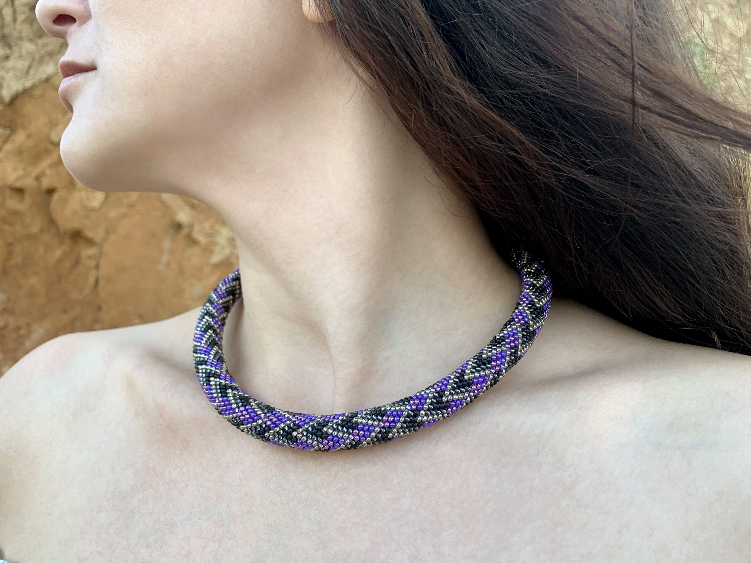 Violet Black Statement Necklace Crochet Rope Bold Geometric Choker with Glass Seed Beads Magnetic Clasp Boho Style Handcrafted Eco Jewelry - Image 2