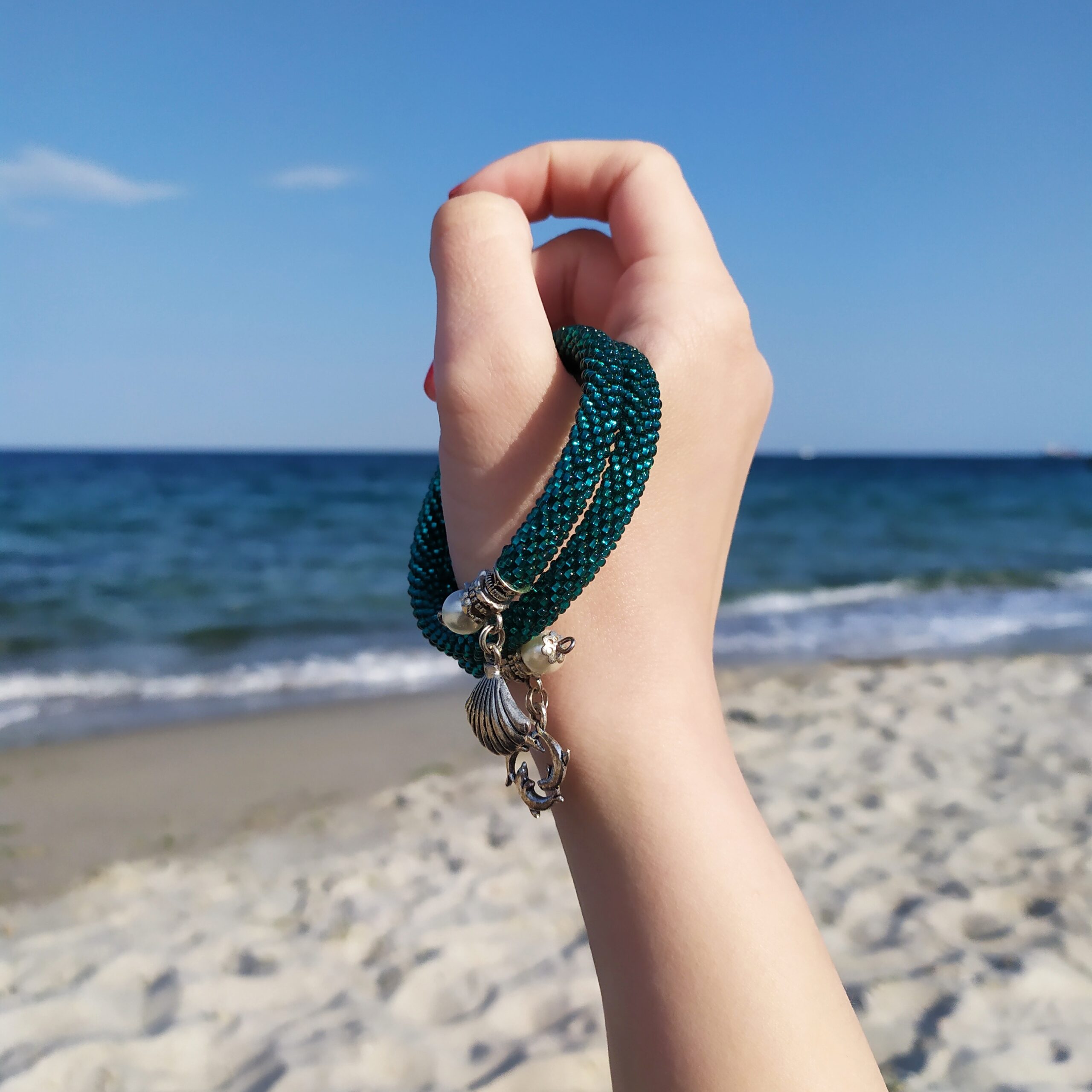 Teal Blue Bracelet Memory Wire Crochet Beaded Turquoise Bangle 2 Wrap Bracelet Marine Pendant Seed Bead Bracelet Beaded Armband Crochet Rope - Image 5