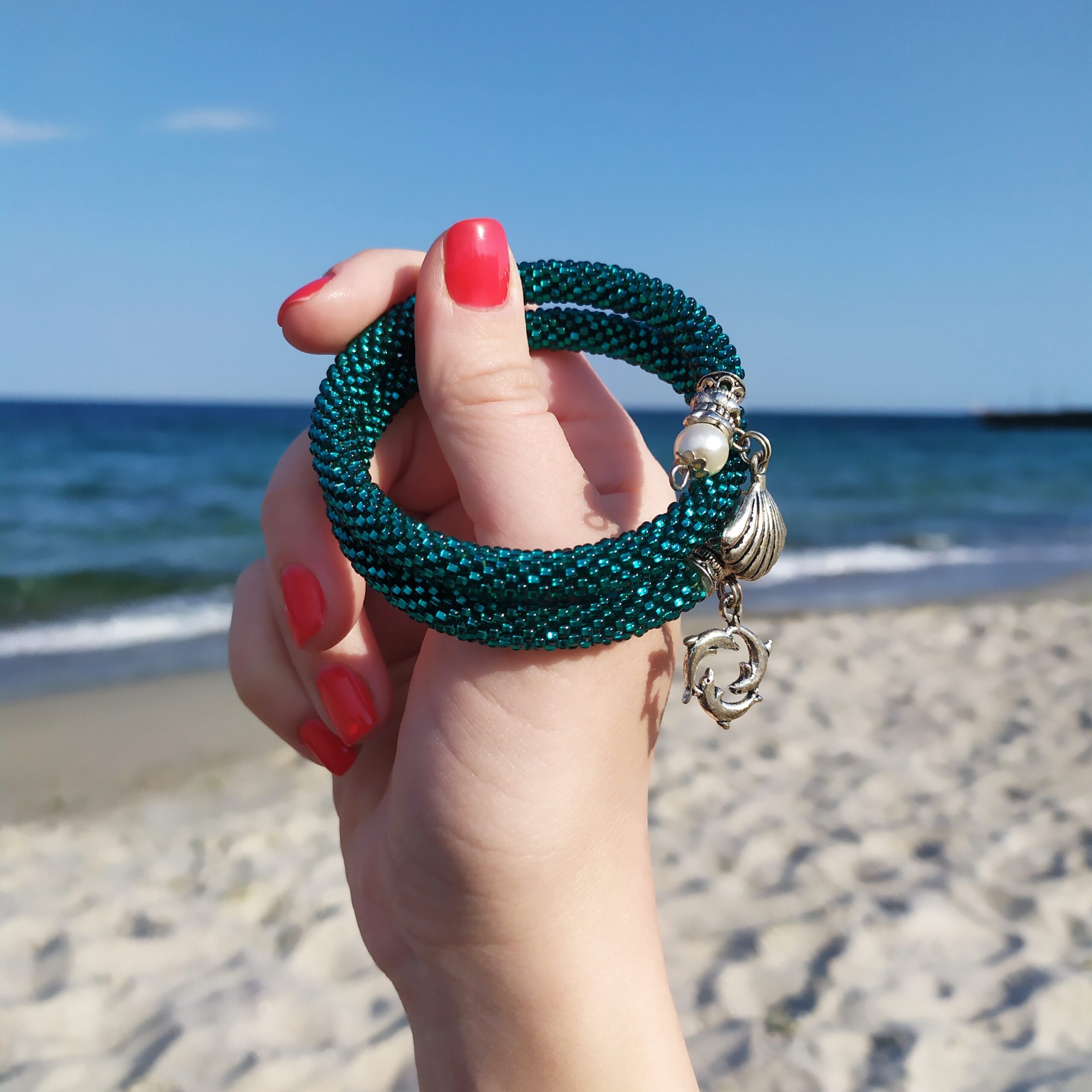 Teal Blue Bracelet Memory Wire Crochet Beaded Turquoise Bangle 2 Wrap Bracelet Marine Pendant Seed Bead Bracelet Beaded Armband Crochet Rope - Image 2