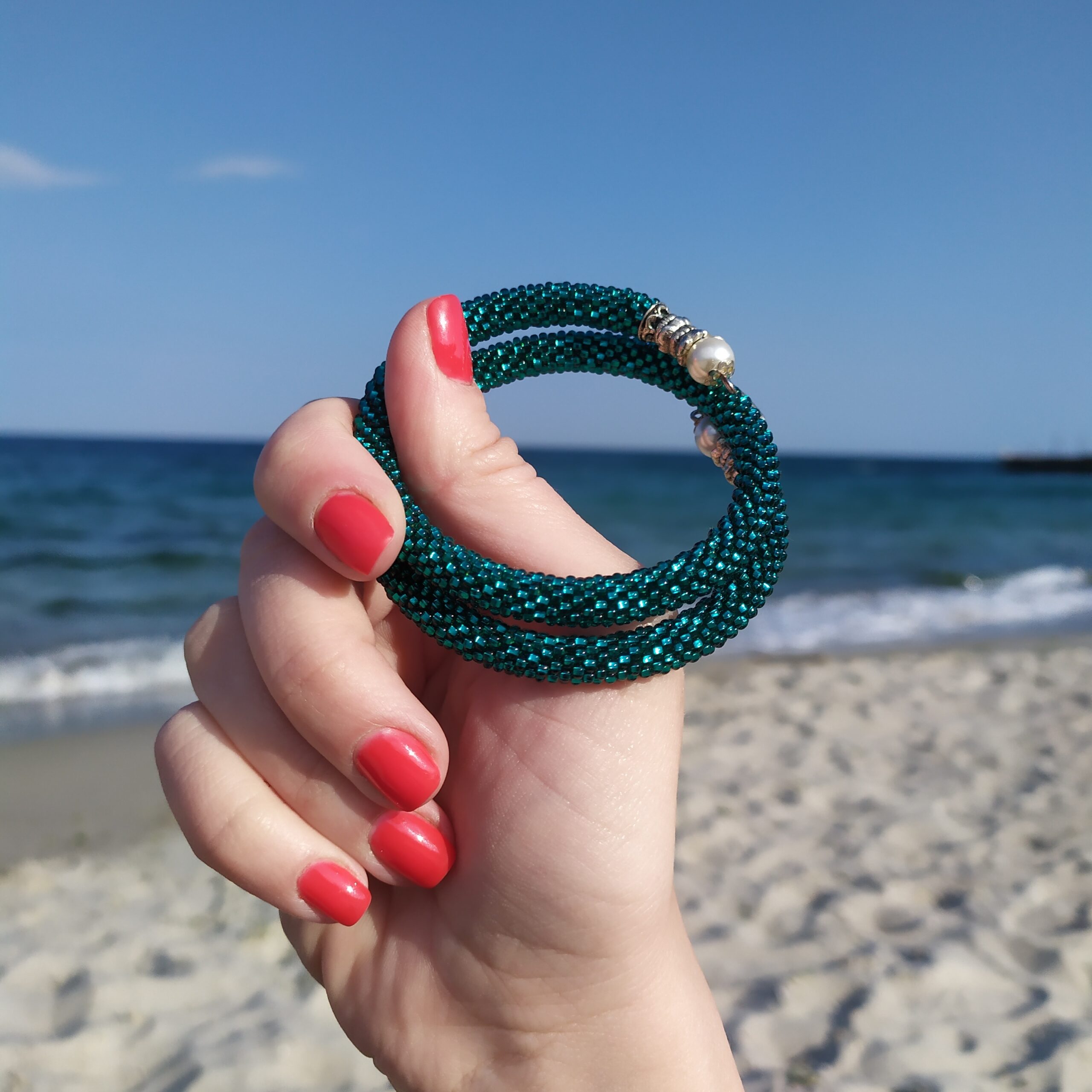 Teal Blue Bracelet Memory Wire Crochet Beaded Turquoise Bangle 2 Wrap Bracelet Marine Pendant Seed Bead Bracelet Beaded Armband Crochet Rope - Image 3