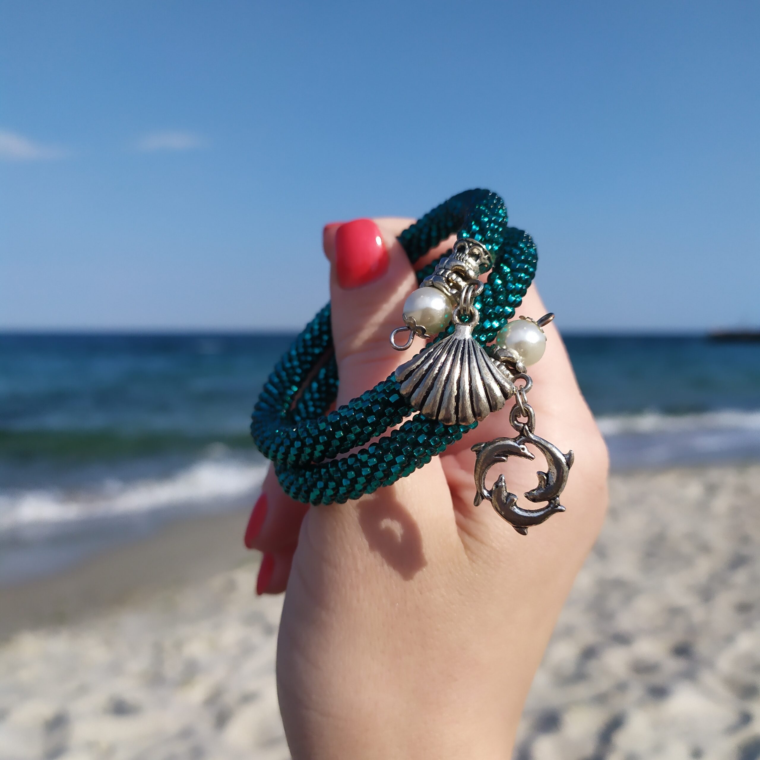 Teal Blue Bracelet Memory Wire Crochet Beaded Turquoise Bangle 2 Wrap Bracelet Marine Pendant Seed Bead Bracelet Beaded Armband Crochet Rope - Image 4