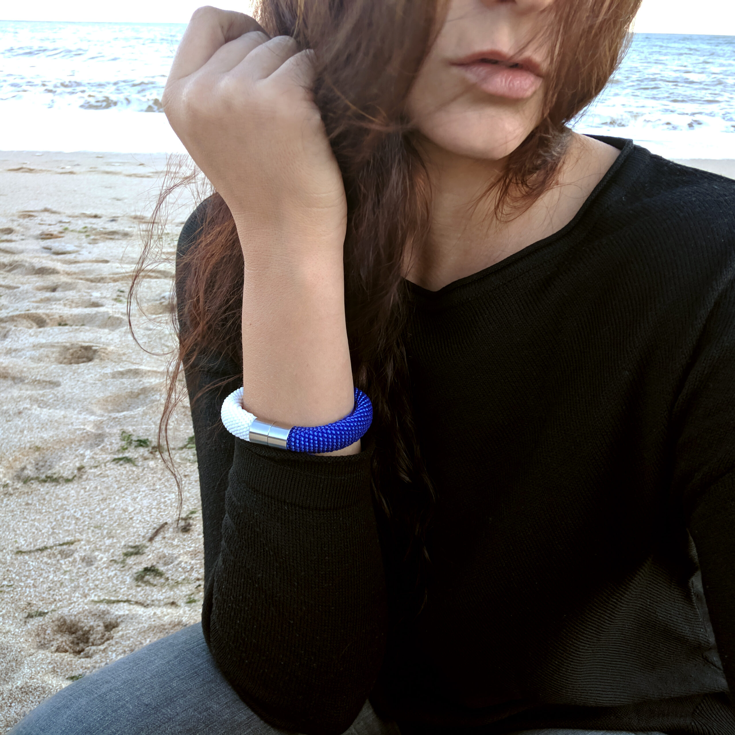 White Matte Royal Blue Seed Bead Crocheted Bangle Thick Bracelet Bicolor Magnetic Clasp Handwoven Elegant Classic Delicate Boho Gift for Her - Image 6