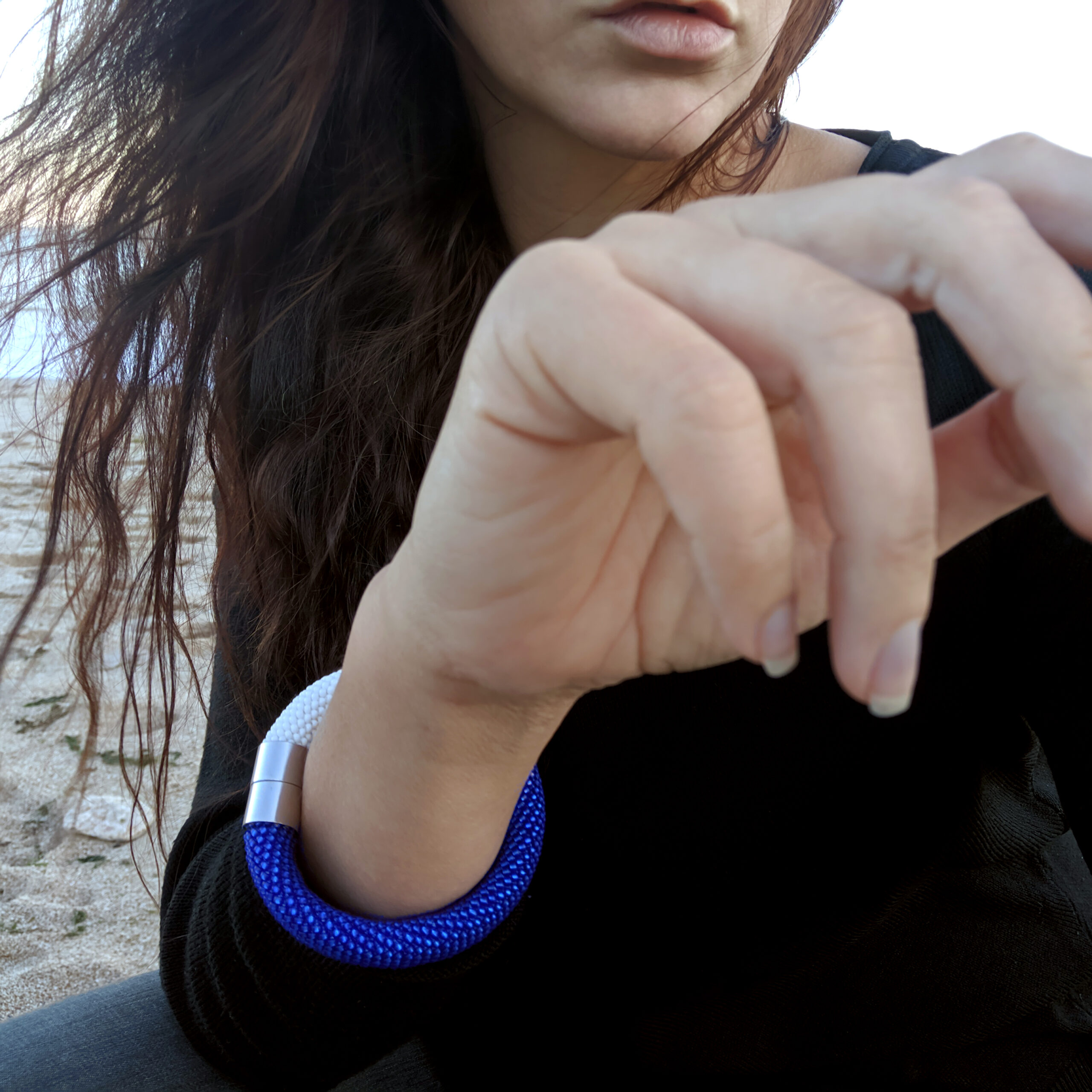 White Matte Royal Blue Seed Bead Crocheted Bangle Thick Bracelet Bicolor