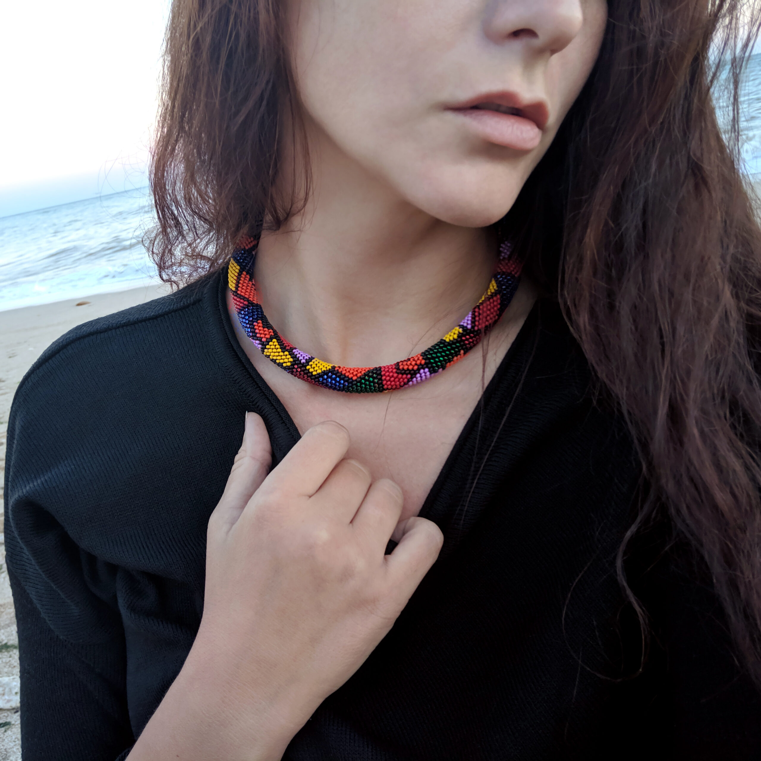 Multicolor Exquisite Necklace Mosaic Pattern Crochet Casual Urban Choker Handwoven with Glass Seed Beads Magnetic Clasp Elegant Gift for Her - Image 2