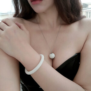 Set of 2 White Glass Bead Ball Pendant and Crochet 1 Wrap Bracelet; Chain with Pearl 25mm and Solid Seed Beaded Bangle; Dainty Jewelry Gift