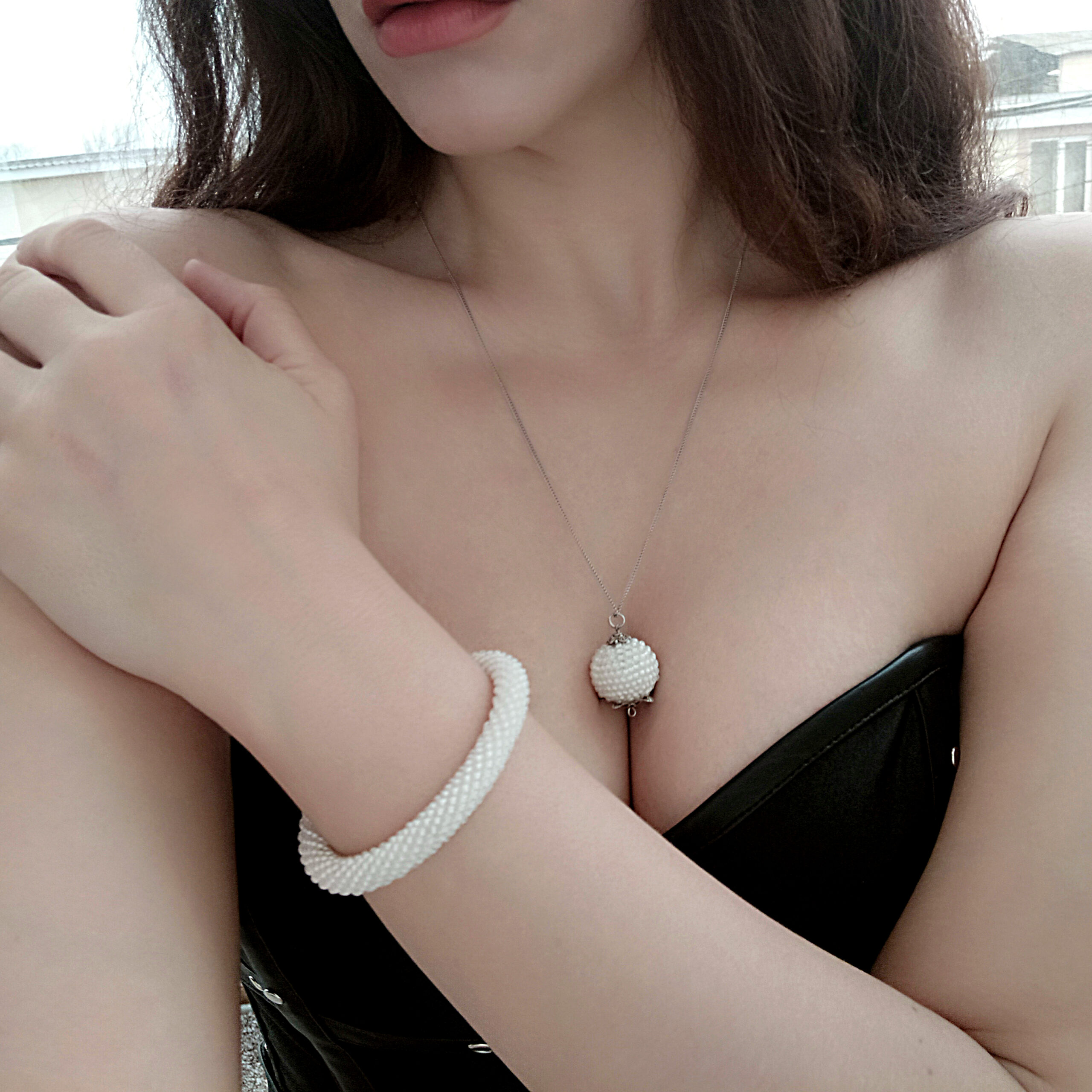 Set of 2 White Glass Bead Ball Pendant and Crochet 1 Wrap Bracelet; Chain with Pearl 25mm and Solid Seed Beaded Bangle; Dainty Jewelry Gift