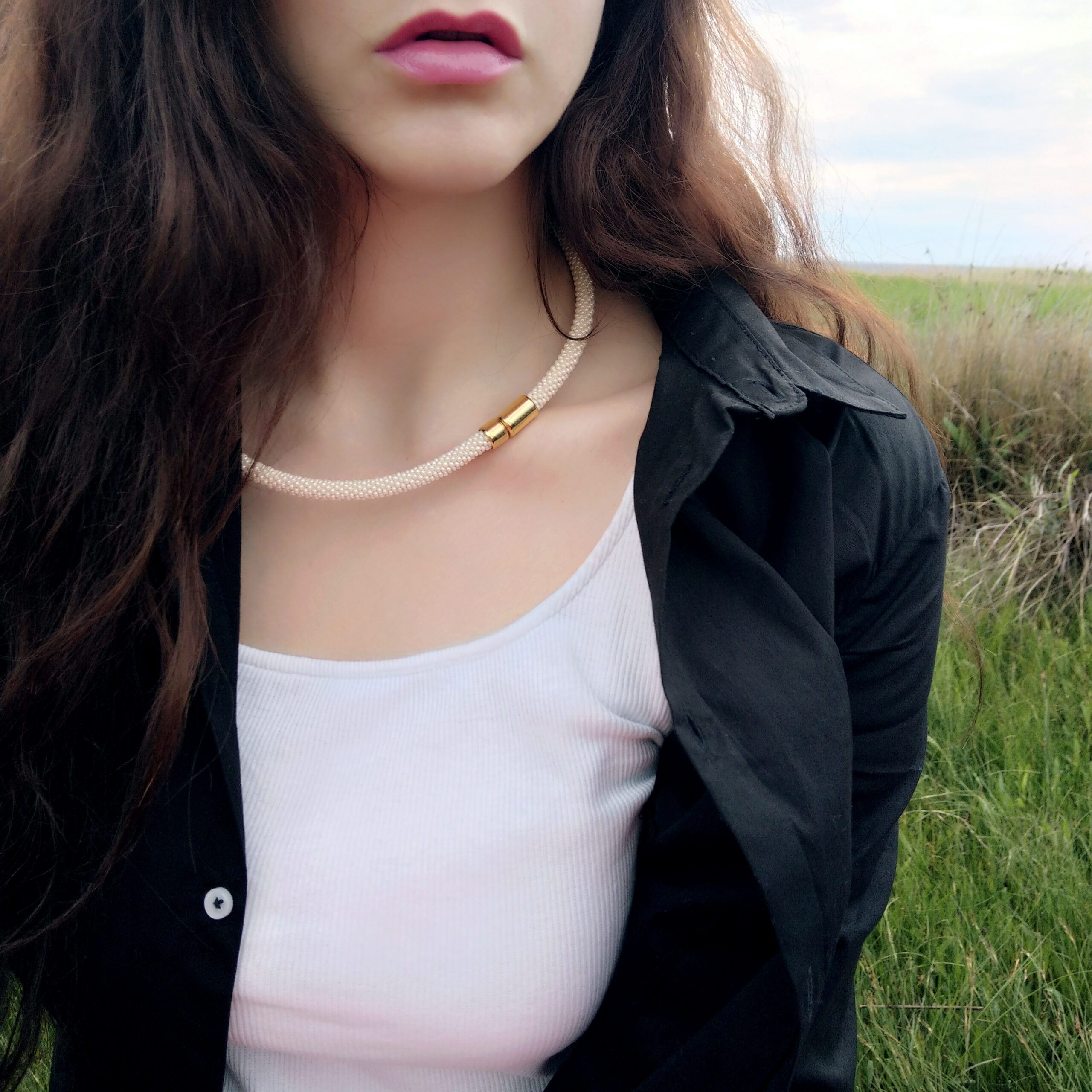 Beige Thin Necklace Nude Memory Wire Choker Seed Beaded Ivory Cream Necklace Minimalist Choker Crochet Sand Rope Delicate Daisy Neck Piece - Image 5