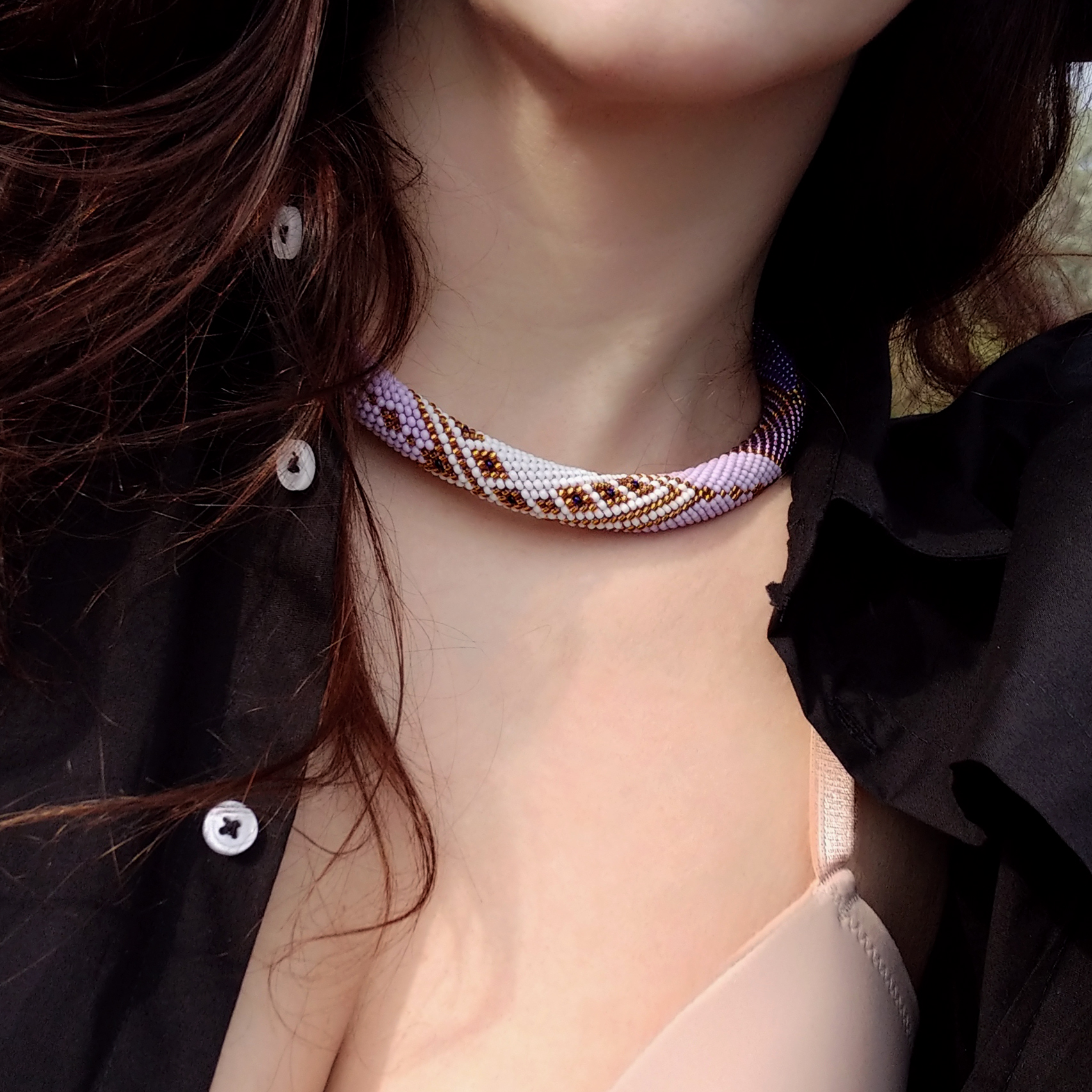 Set of 2 Violet Golden Glass Bead Necklace and Triangle Geometric Earrings Crochet Choker with Czech Seed Beads Magnetic Clasp Eco Jewelry - Image 6
