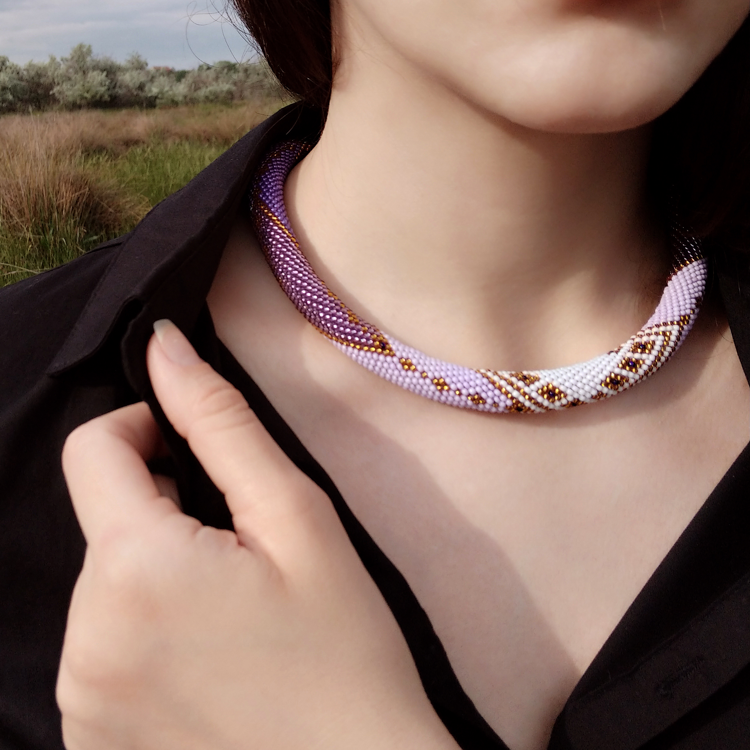 Set of 2 Violet Golden Glass Bead Necklace and Triangle Geometric Earrings Crochet Choker with Czech Seed Beads Magnetic Clasp Eco Jewelry - Image 5