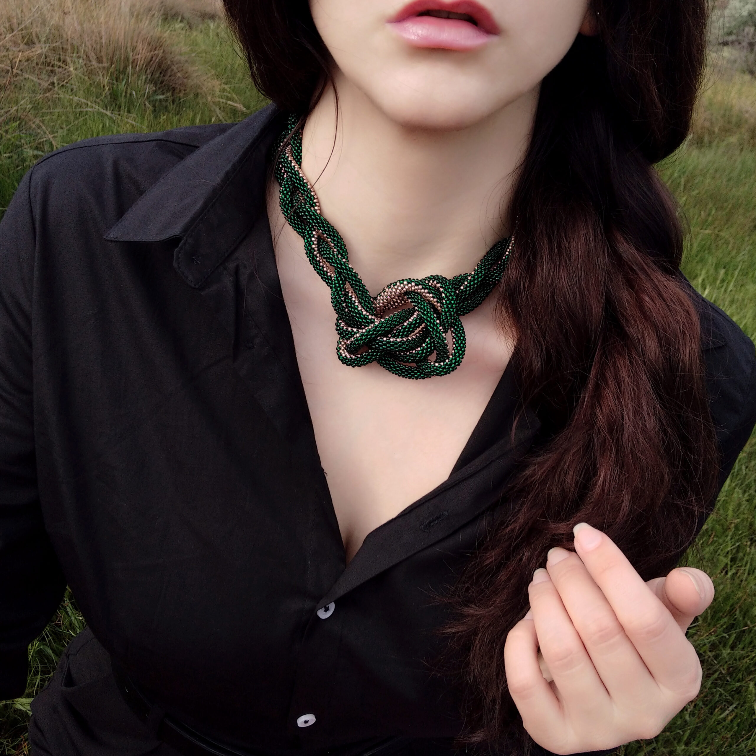 Braided Green Golden Jewelry Set 3 in 1 Massive Dainty Necklace Crochet Earrings Glass Seed Bead Bracelet Stylish Eco Friendly Gift for Her - Image 16