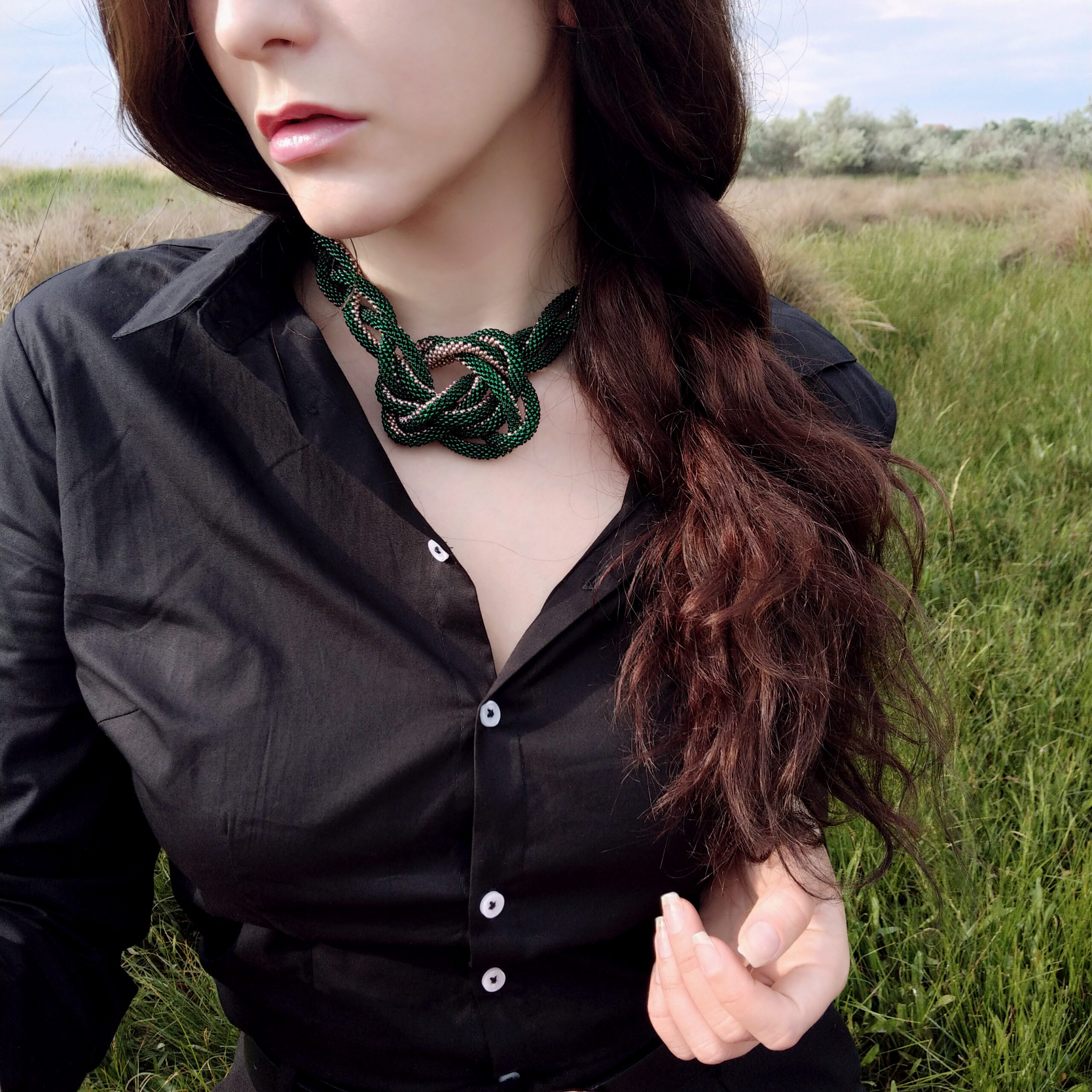 Braided Green Golden Jewelry Set 3 in 1 Massive Dainty Necklace Crochet Earrings Glass Seed Bead Bracelet Stylish Eco Friendly Gift for Her - Image 15