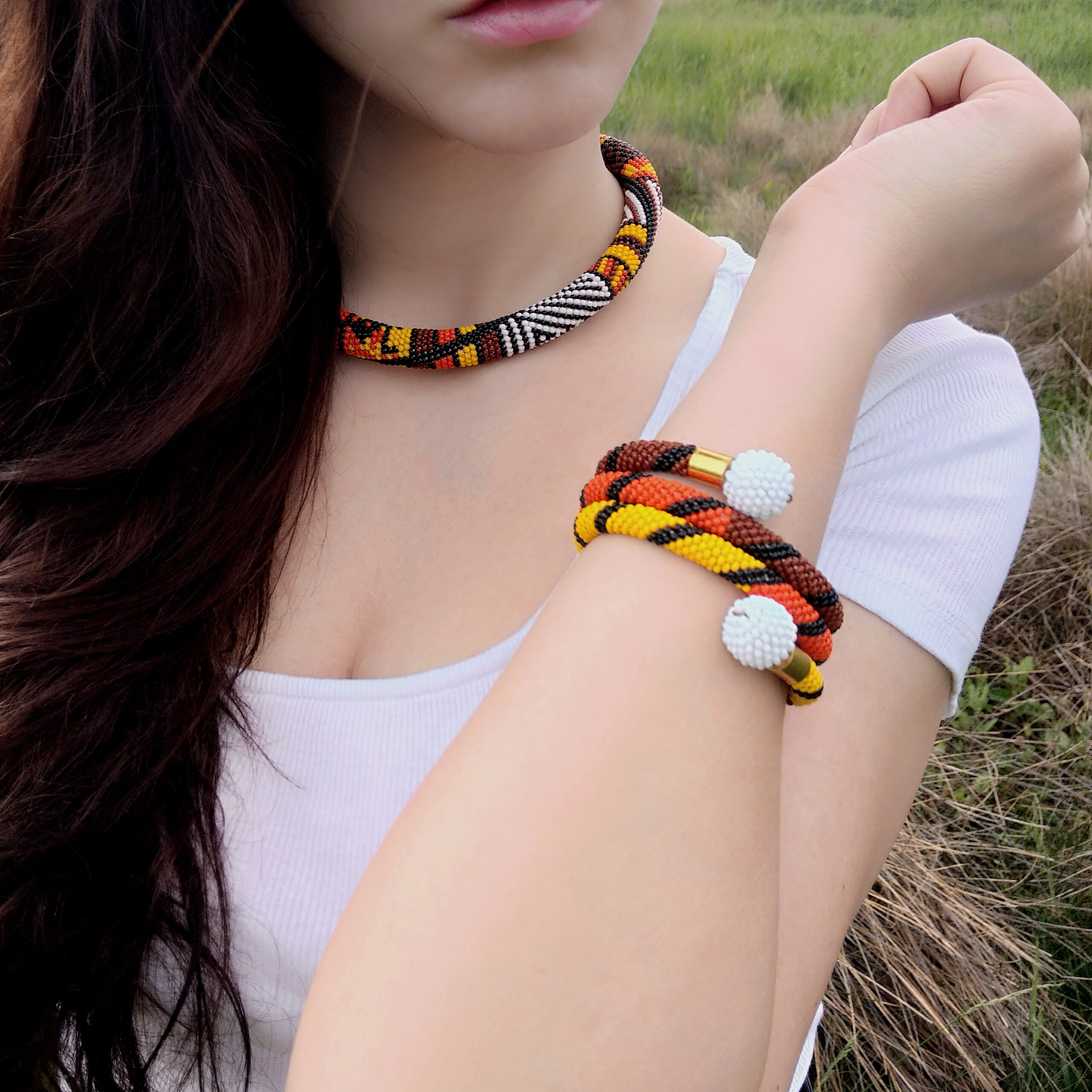 Hot African Patchwork Jewelry Set 2 in 1 Tribal Dainty Necklace Crochet Glass Bangle Seed Beaded Bracelet Unique Handmade Ethno Gift for Her - Image 2