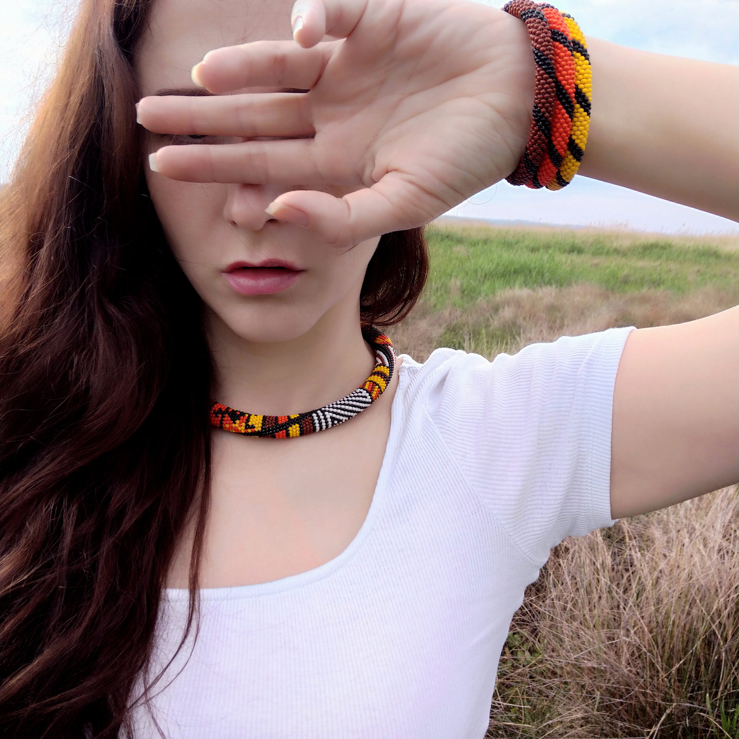 Hot African Patchwork Jewelry Set 2 in 1 Tribal Dainty Necklace Crochet Glass Bangle Seed Beaded Bracelet Unique Handmade Ethno Gift for Her - Image 3