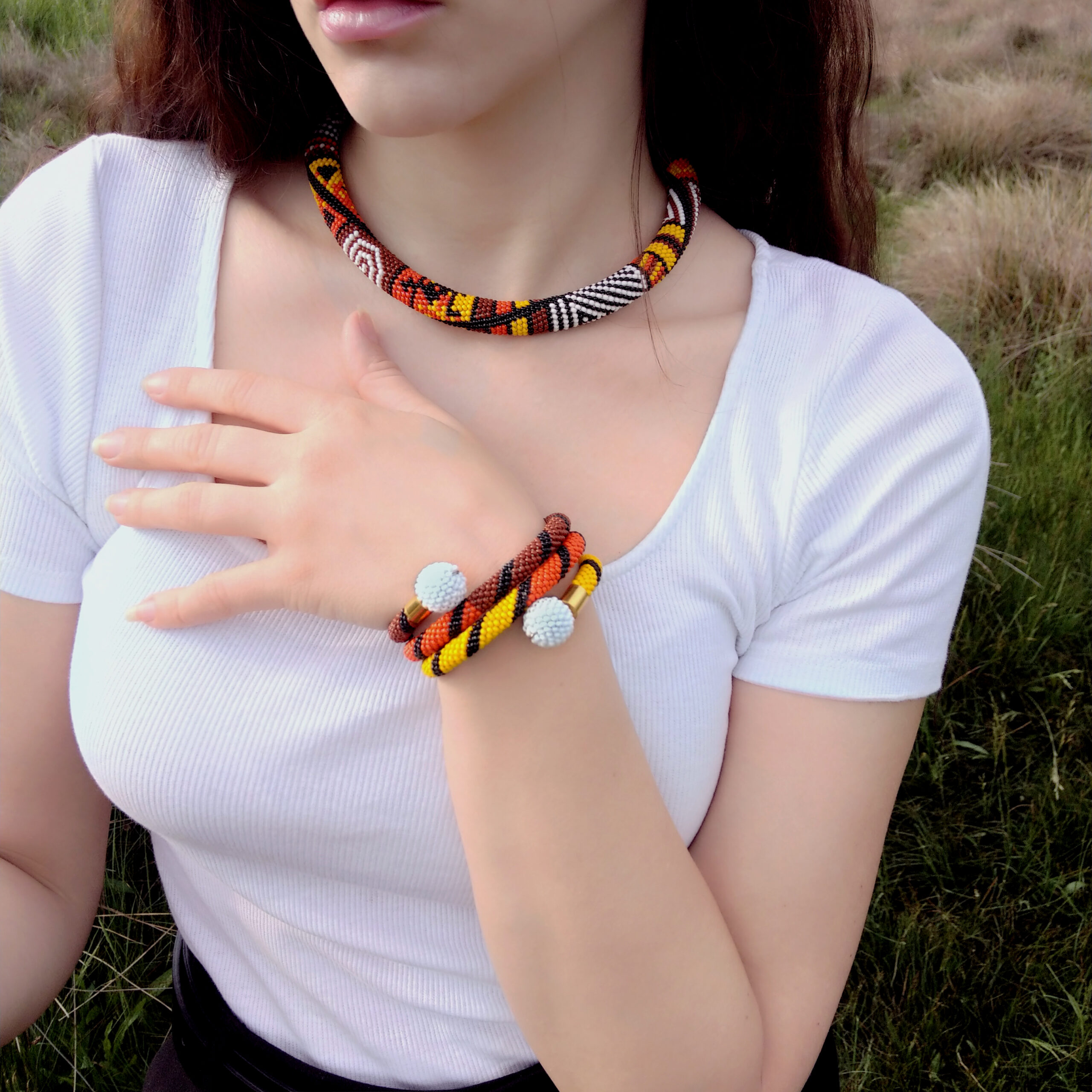 Hot African Patchwork Jewelry Set 2 in 1 Tribal Dainty Necklace Crochet Glass Bangle Seed Beaded Bracelet Unique Handmade Ethno Gift for Her - Image 4