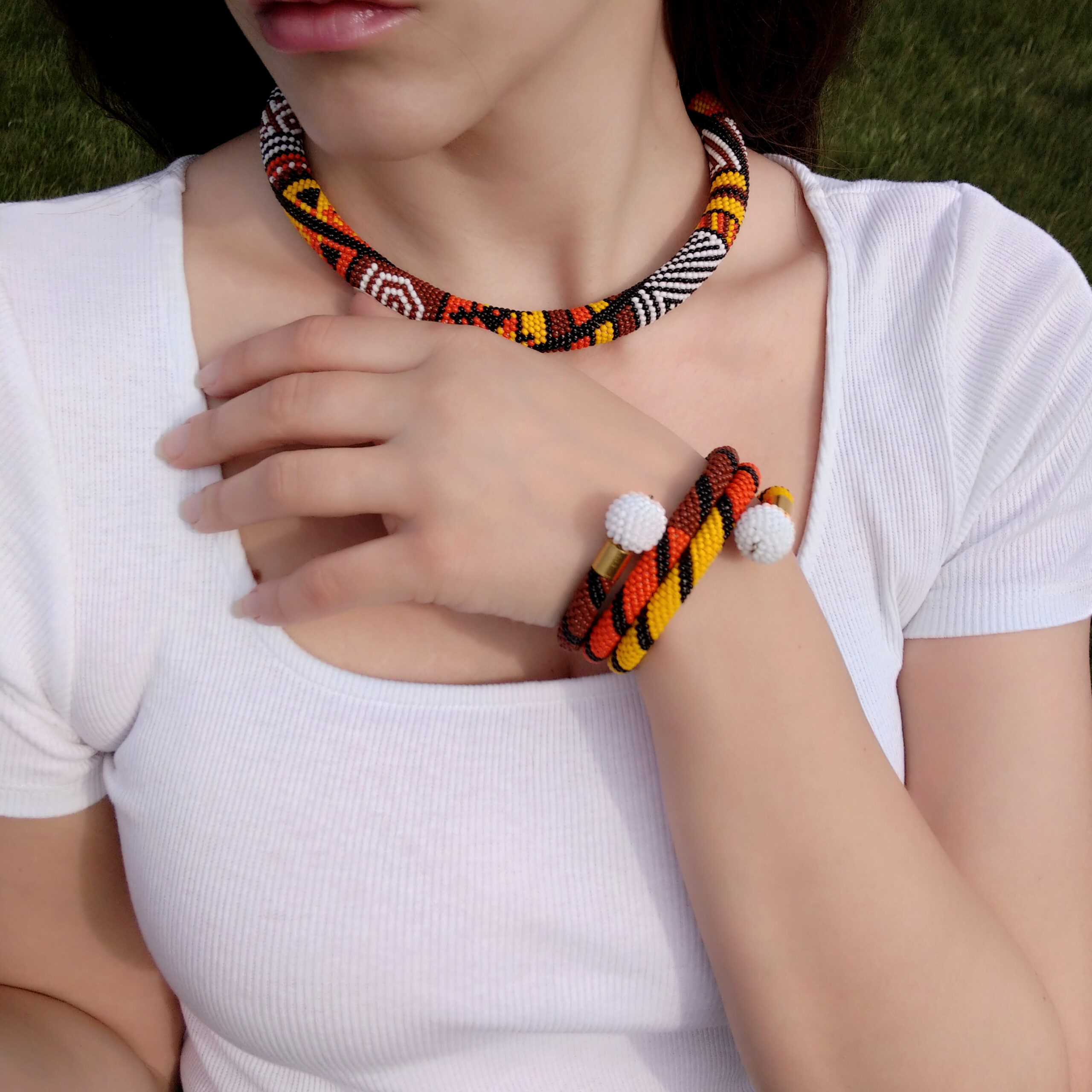 Hot African Patchwork Jewelry Set 2 in 1 Tribal Dainty Necklace Crochet Glass Bangle Seed Beaded Bracelet Unique Handmade Ethno Gift for Her - Image 5