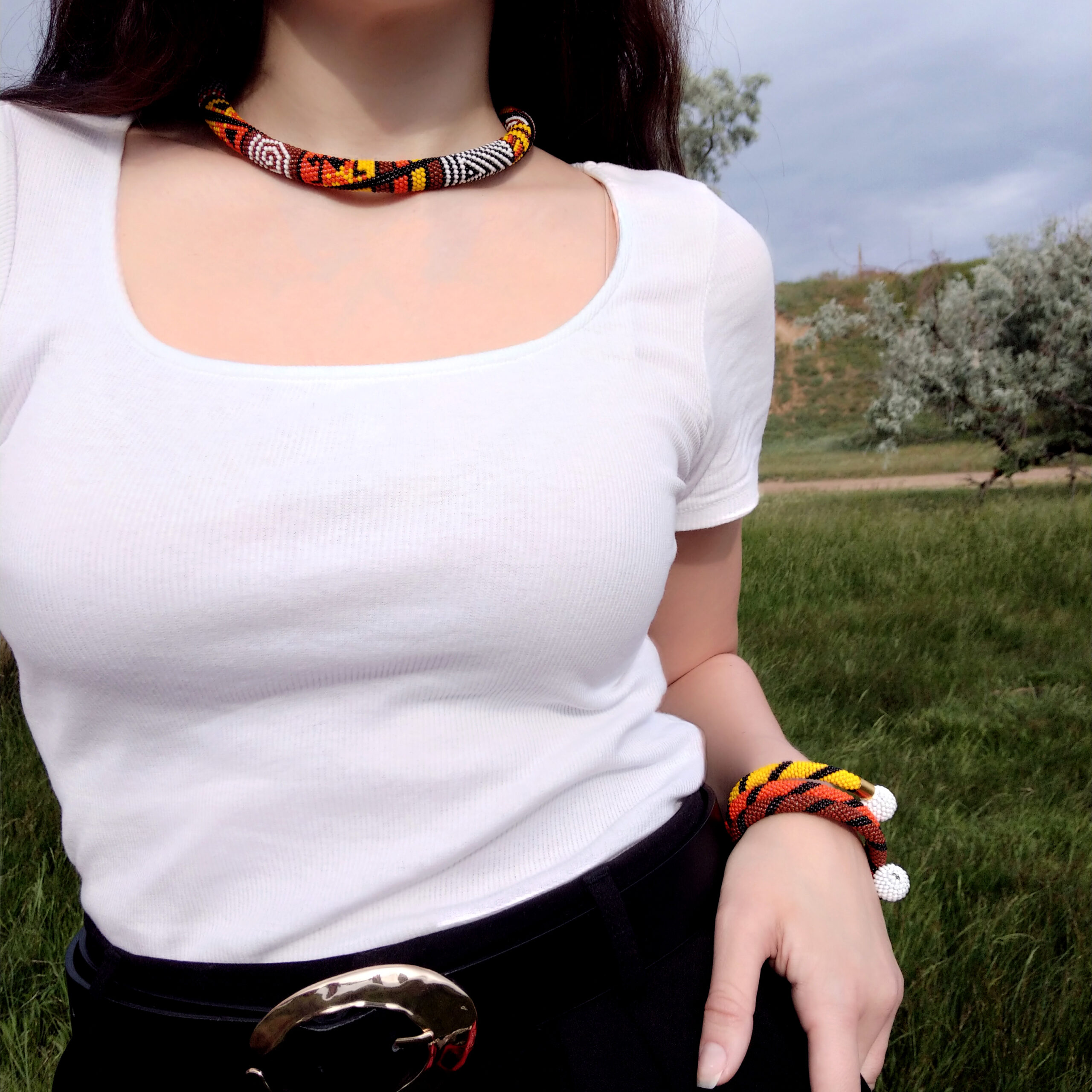 Hot African Patchwork Jewelry Set 2 in 1 Tribal Dainty Necklace Crochet Glass Bangle Seed Beaded Bracelet Unique Handmade Ethno Gift for Her - Image 6