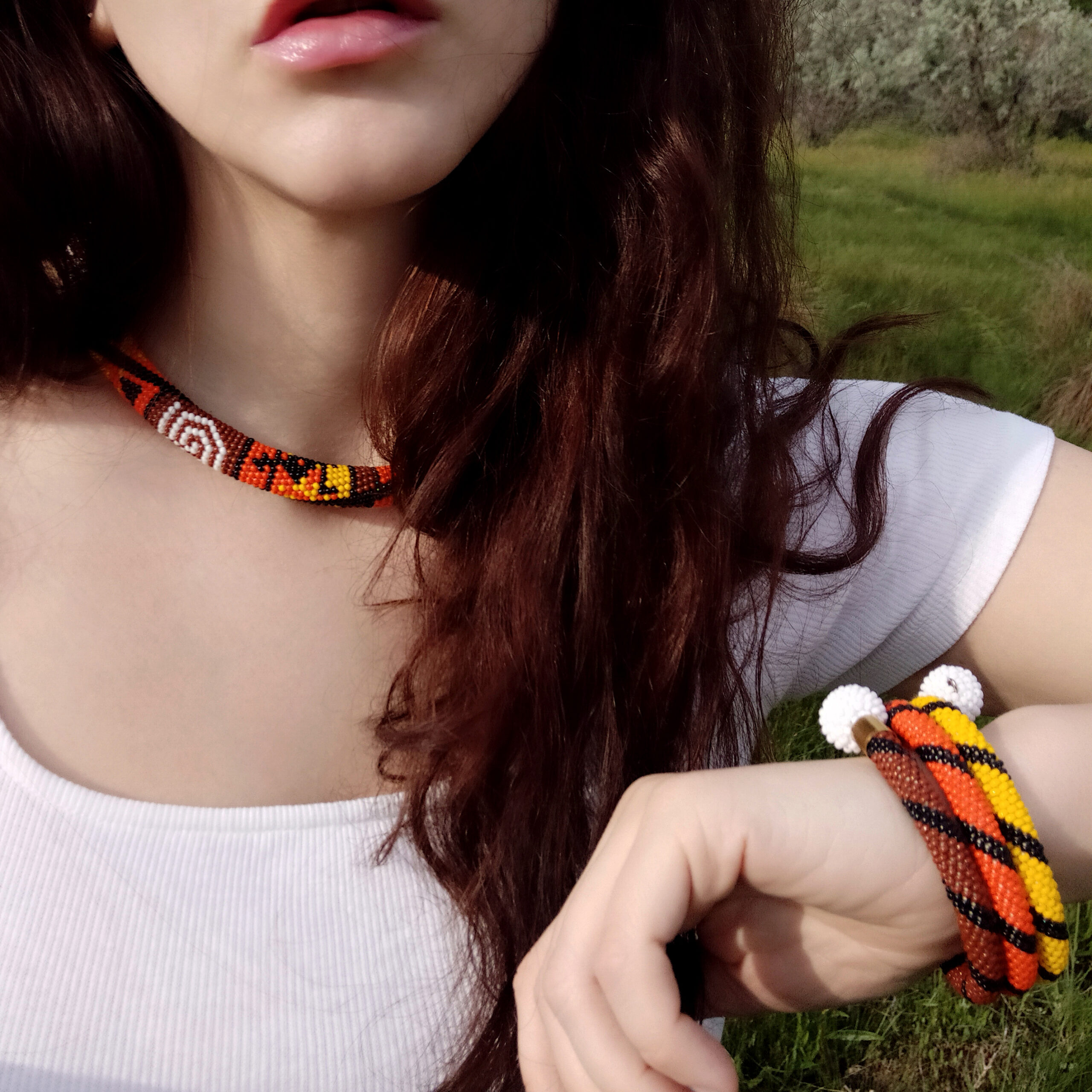 Hot African Patchwork Jewelry Set 2 in 1 Tribal Dainty Necklace Crochet Glass Bangle Seed Beaded Bracelet Unique Handmade Ethno Gift for Her - Image 8