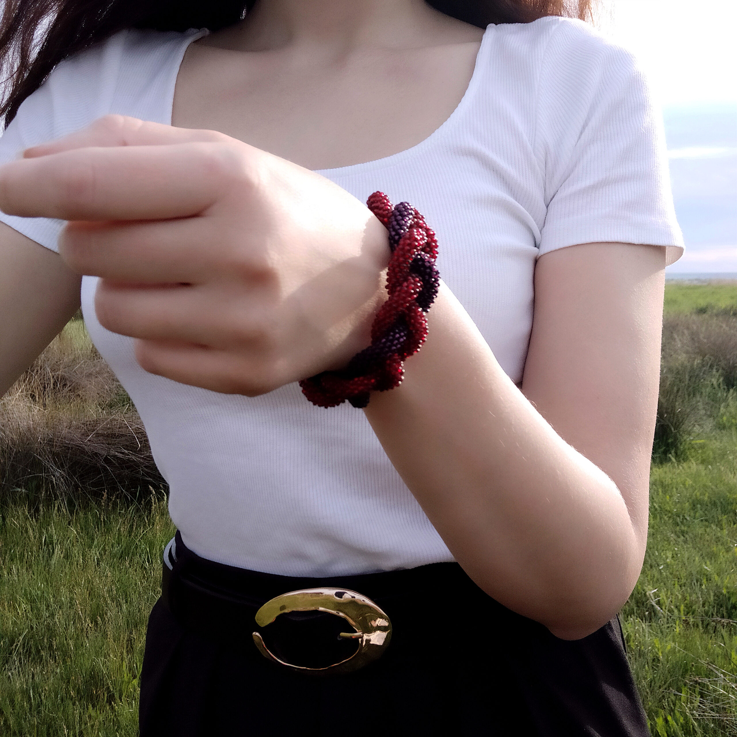 Red Violet Purple Braided Bracelet Seed Beaded Elegant Crochet Bangle Bicolor Magnetic Clasp Woman Festive Armband Handmade Crocheted Rope - Image 2