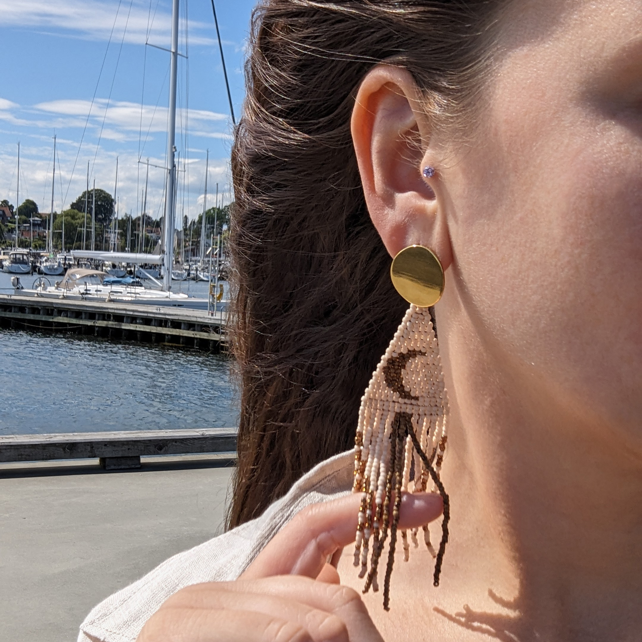 Beige Glass Bead Tassel Earrings Triangle Geometric Earrings