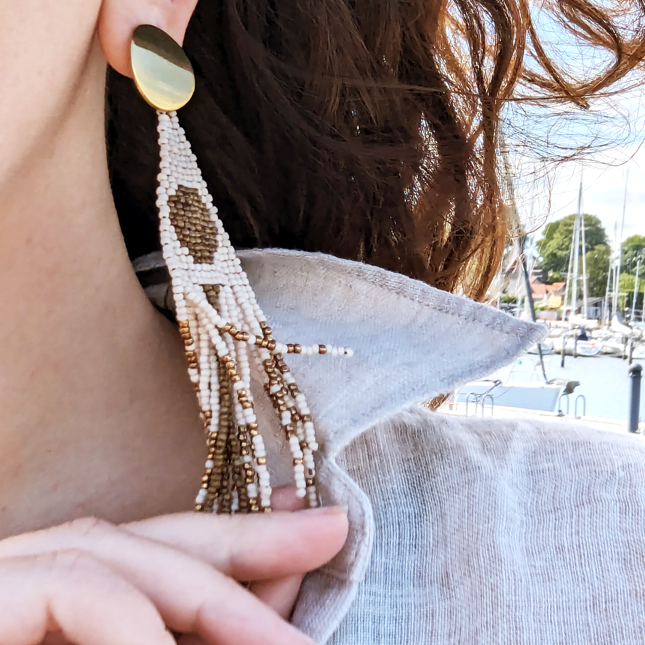 Beige Glass Bead Tassel Earrings Triangle Geometric Earrings Crochet Stud Moon Long Earrings of Toho Seed Beads Aesthetic Clasp Eco Jewelry - Image 7