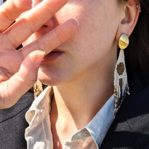 Beige Glass Bead Tassel Earrings Triangle Geometric Earrings Crochet Stud Moon Long Earrings of Toho Seed Beads Aesthetic Clasp Eco Jewelry