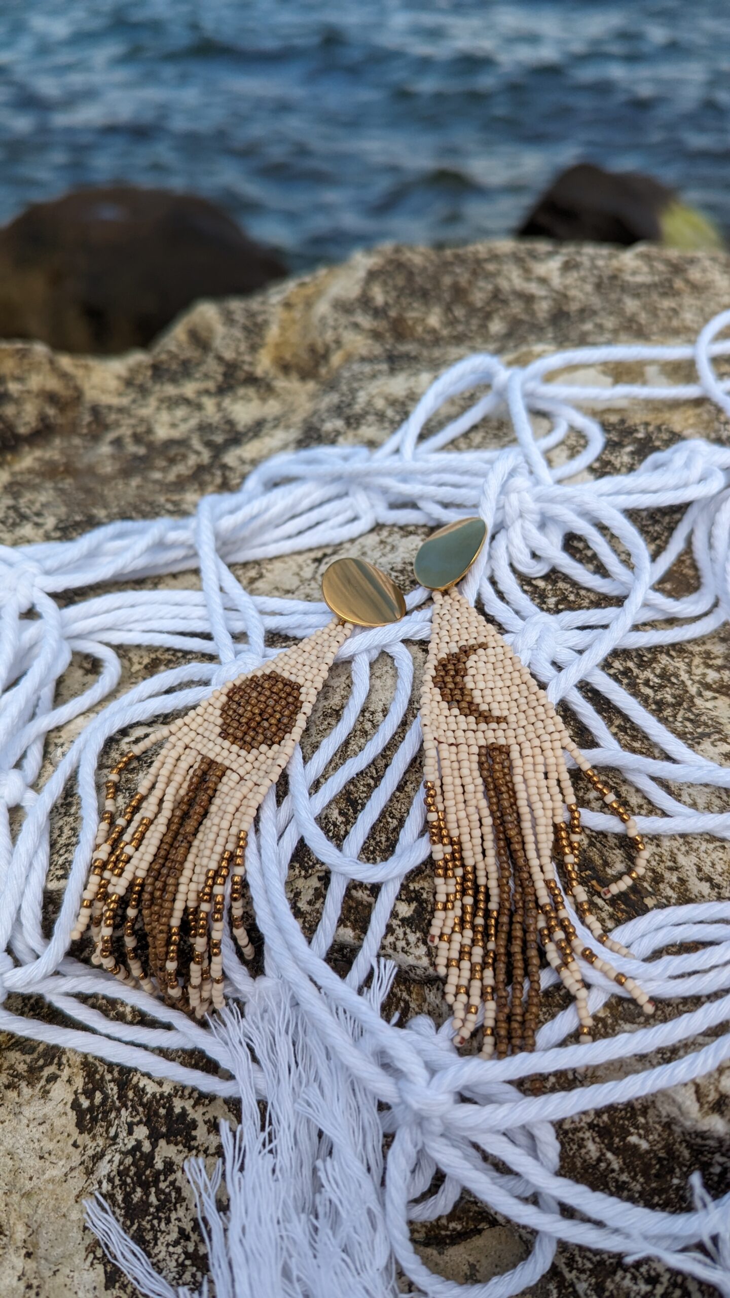 Beige Glass Bead Tassel Earrings Triangle Geometric Earrings Crochet Stud Moon Long Earrings of Toho Seed Beads Aesthetic Clasp Eco Jewelry - Image 3