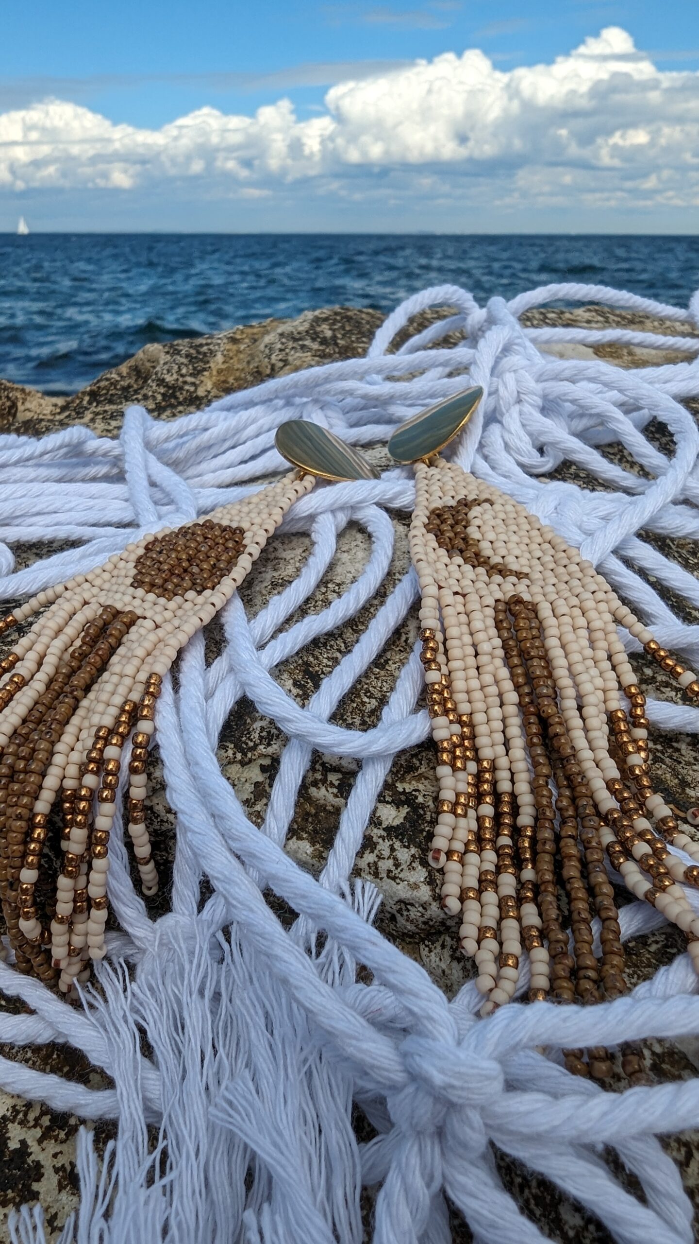 Beige Glass Bead Tassel Earrings Triangle Geometric Earrings Crochet Stud Moon Long Earrings of Toho Seed Beads Aesthetic Clasp Eco Jewelry - Image 2